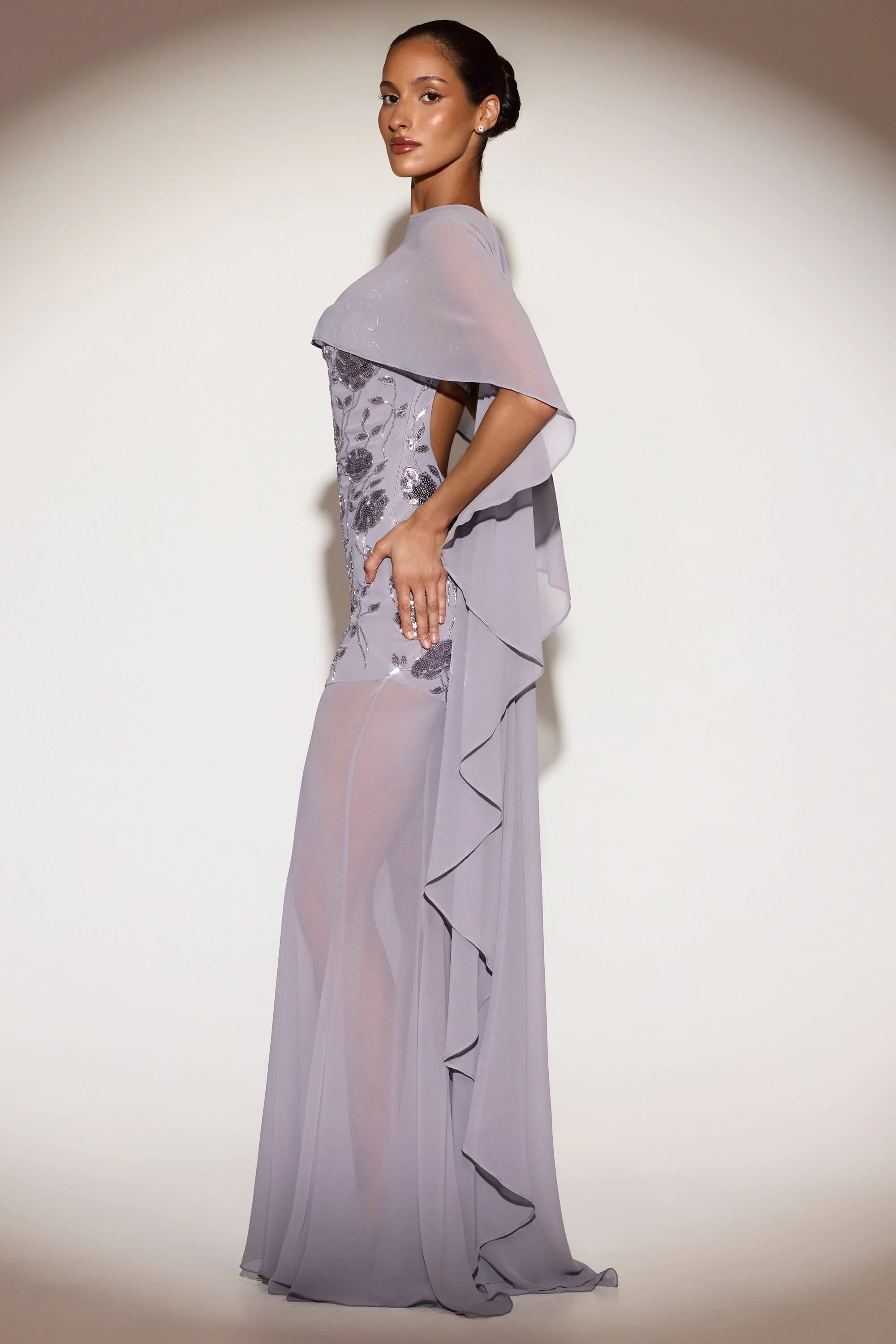 Sheer Chiffon Draped Cape in Lilac - Image 5