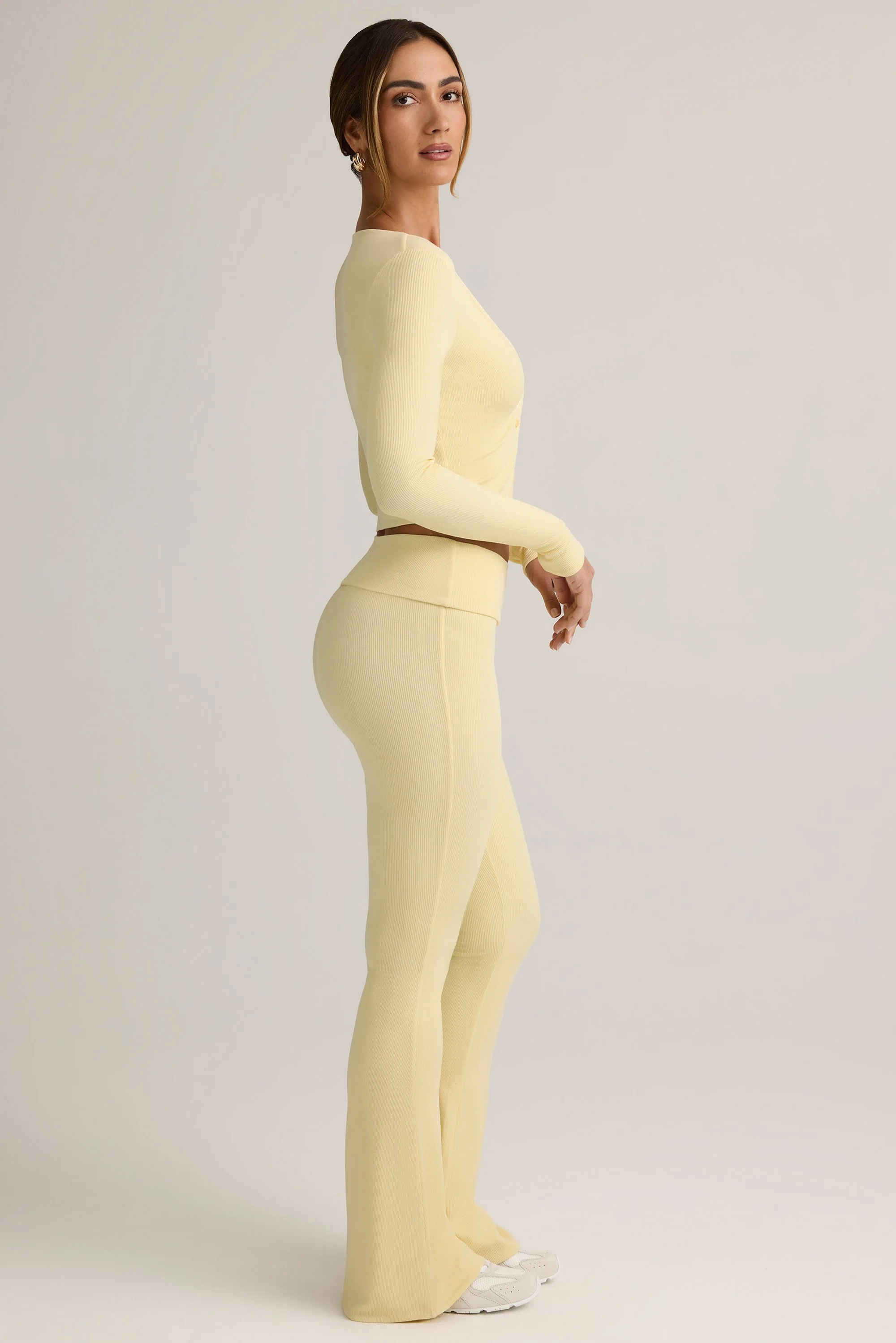 Modal Ribbed Foldover Flared Trousers in Buttercream Yellow - Image 3