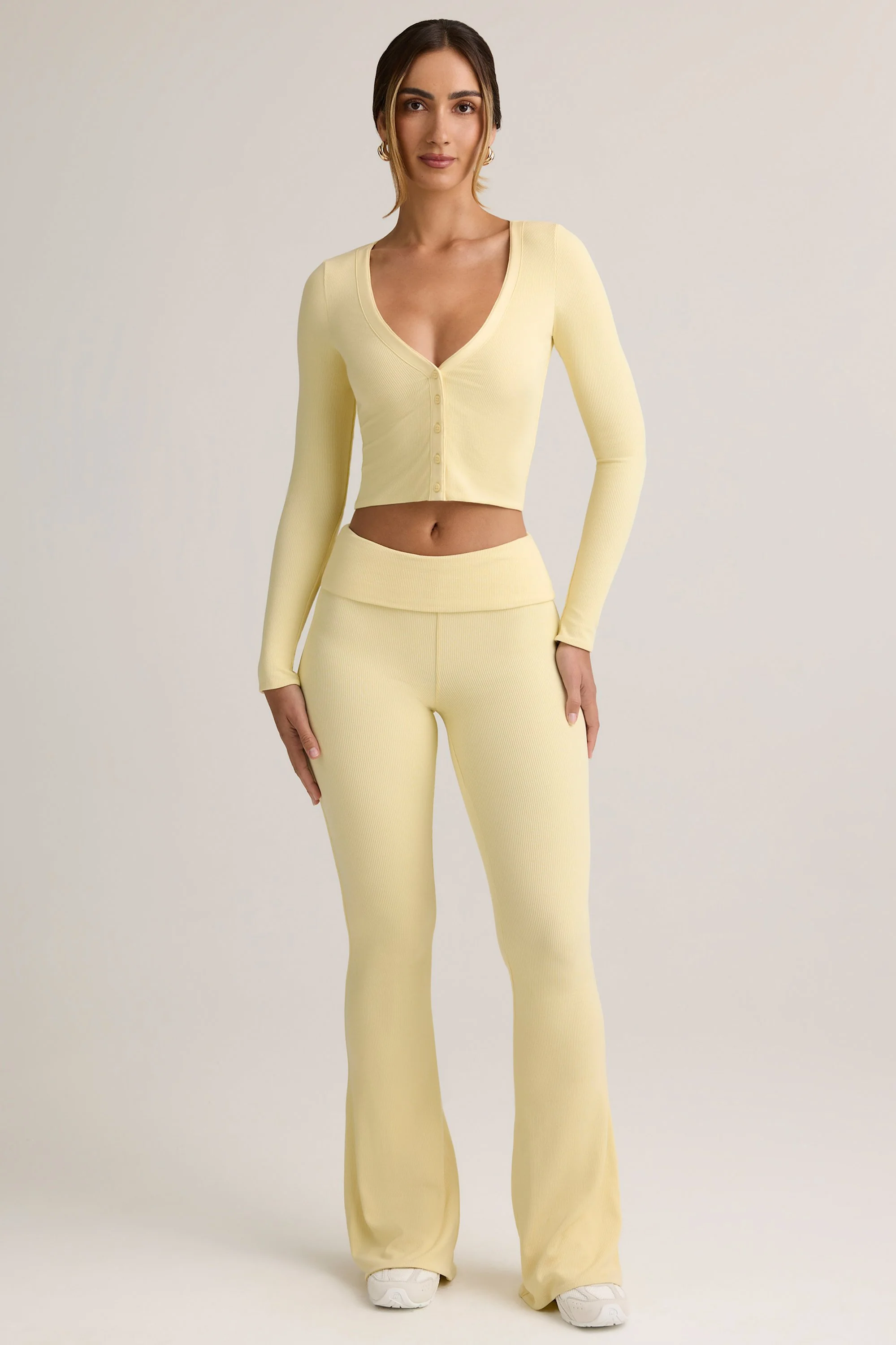 Modal Ribbed Foldover Flared Trousers in Buttercream Yellow - Image 5