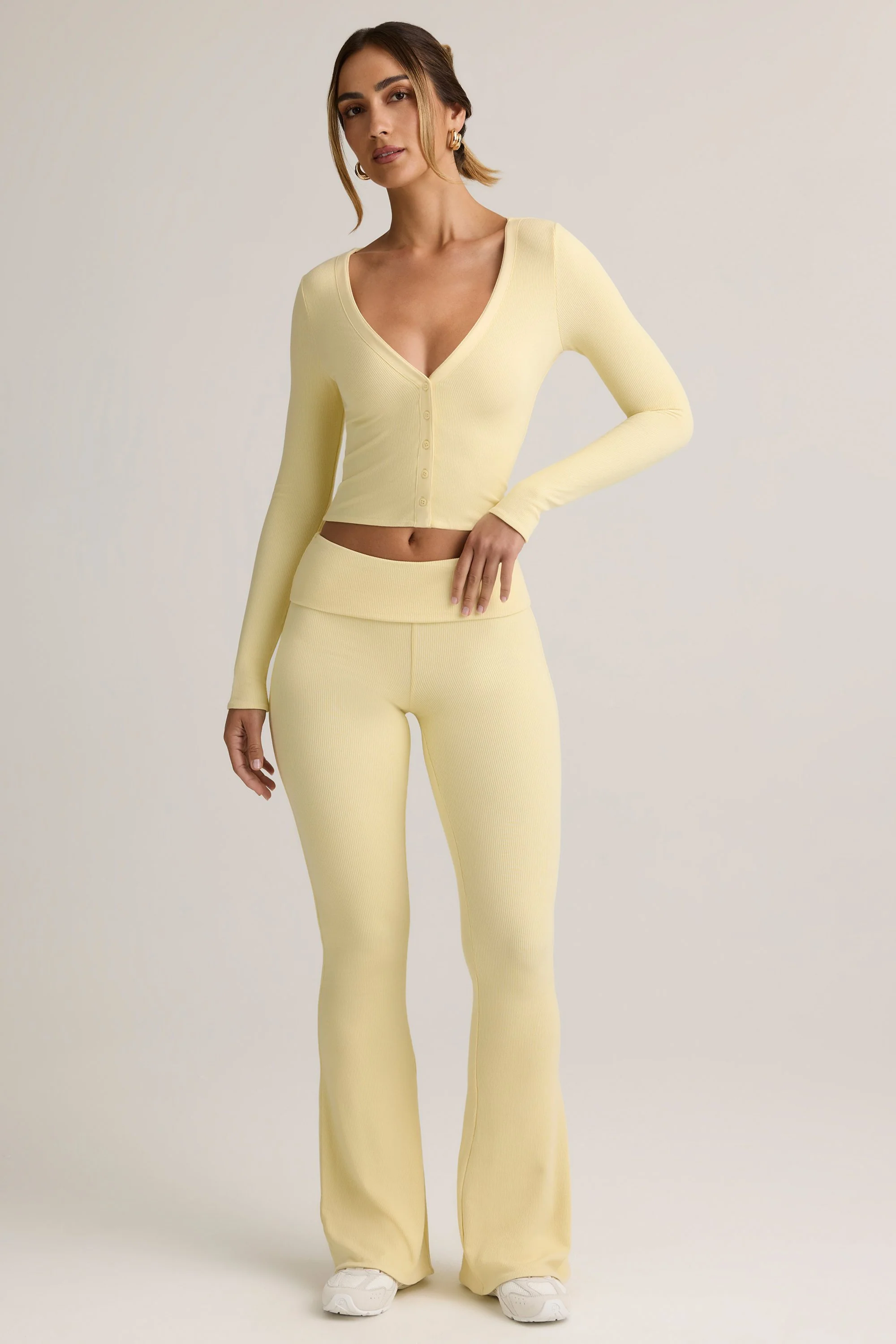 Modal Ribbed Foldover Flared Trousers in Buttercream Yellow - Image 6