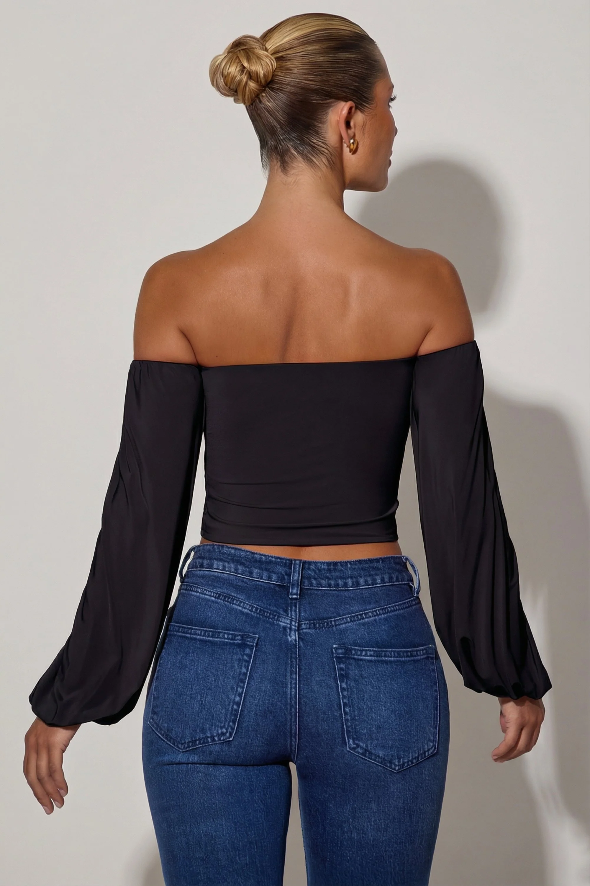 Off-Shoulder Draped Balloon-Sleeve Top in Black - Image 2