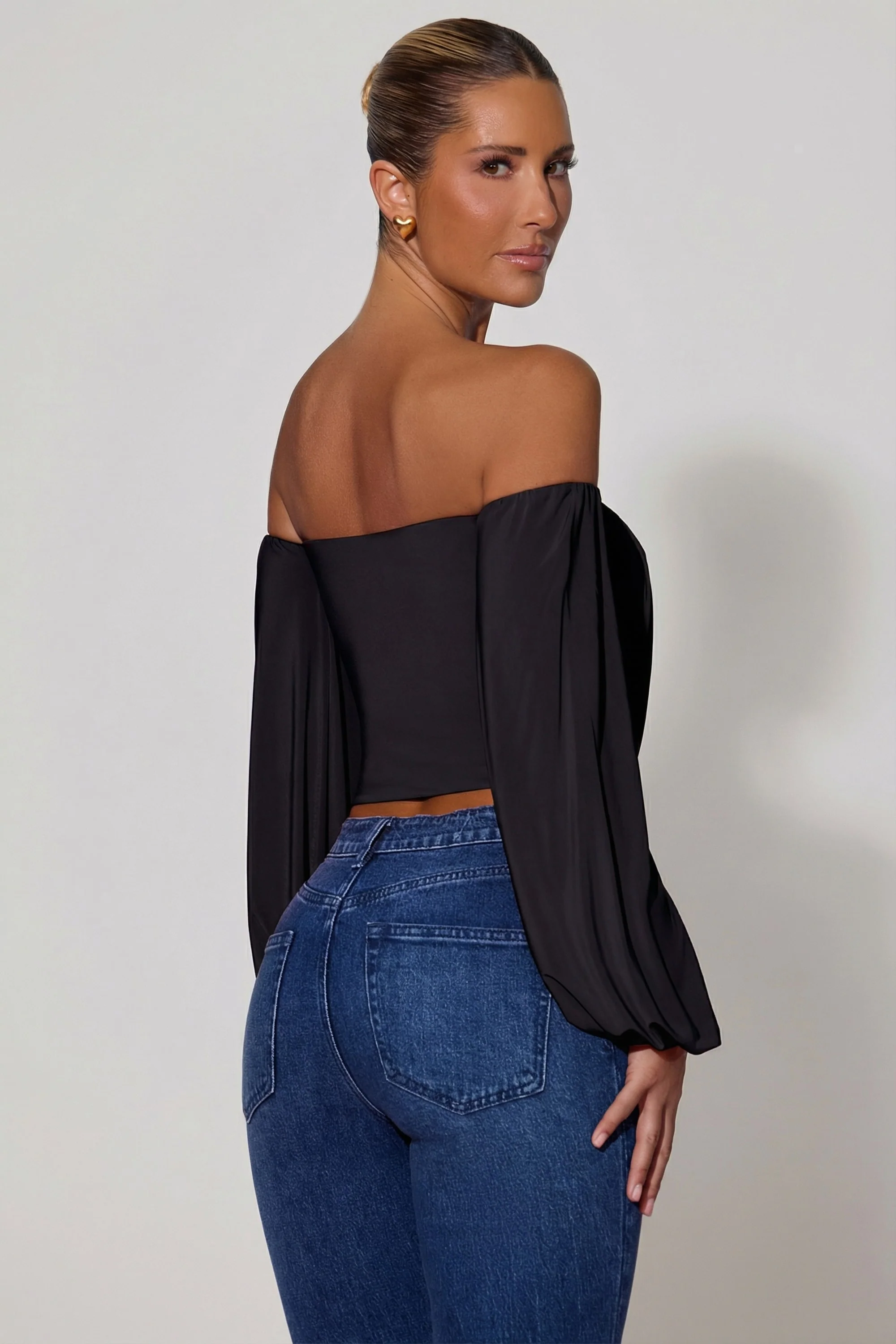 Off-Shoulder Draped Balloon-Sleeve Top in Black - Image 5