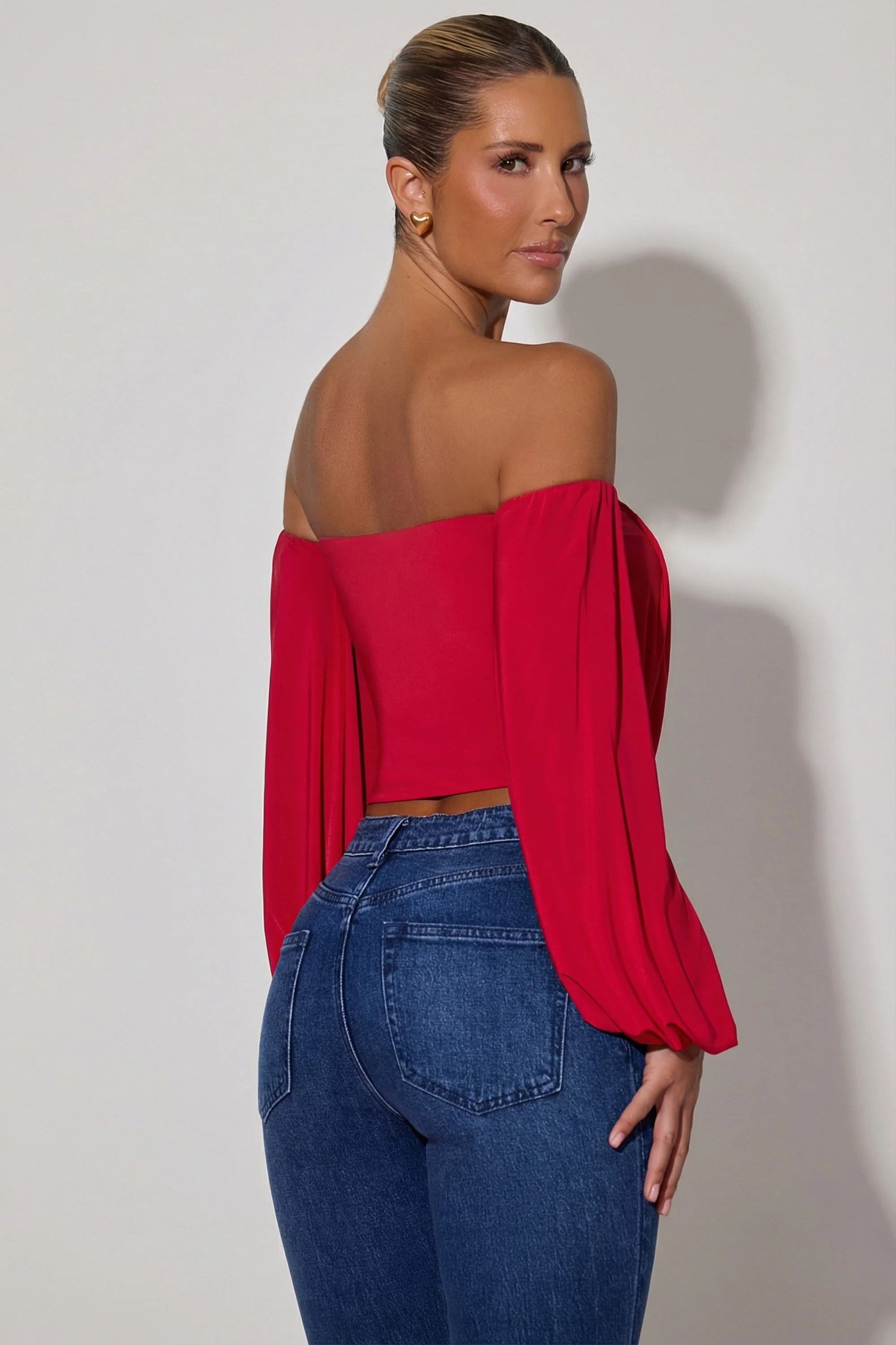 Off-Shoulder Draped Balloon-Sleeve Top in Red - Image 2