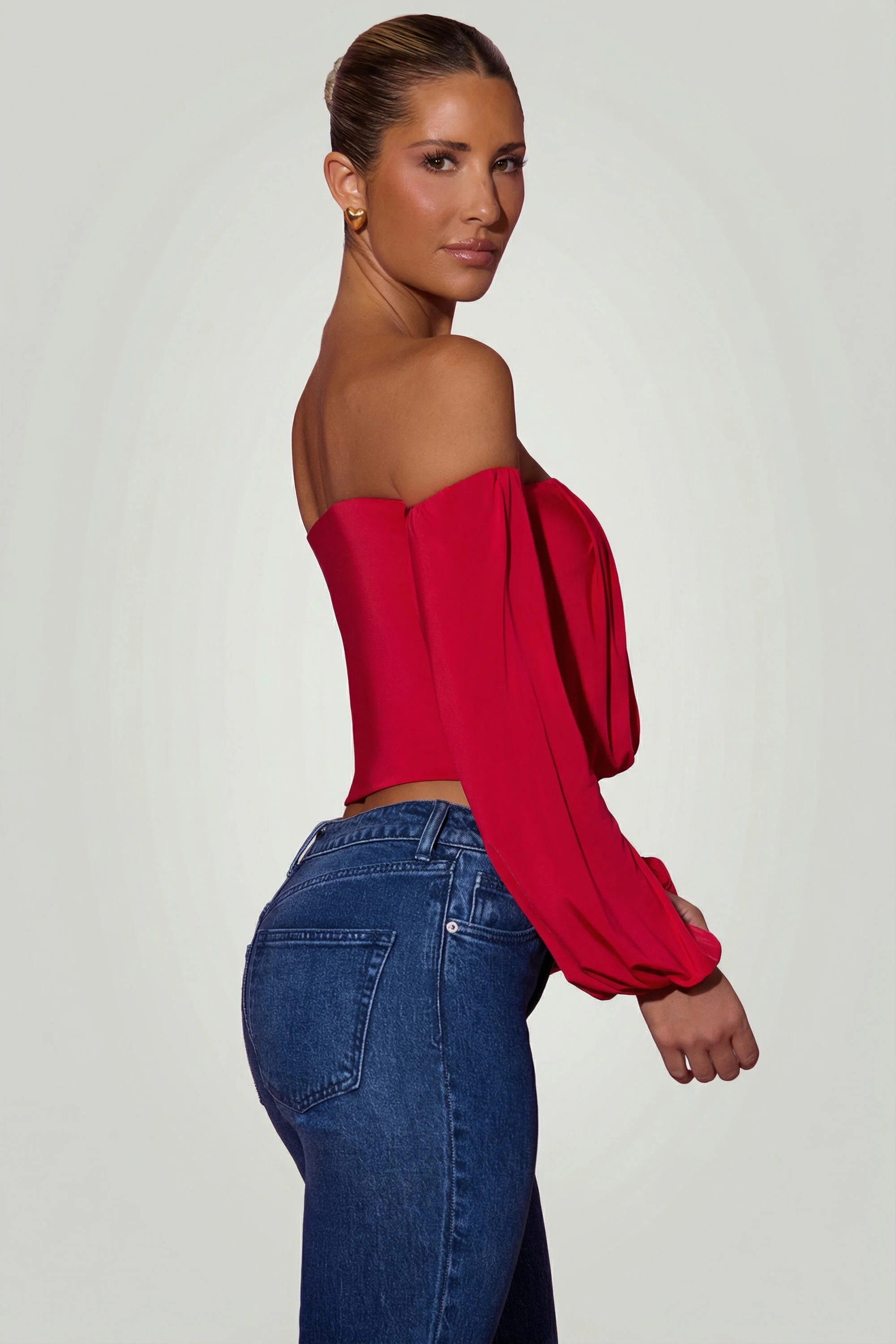 Off-Shoulder Draped Balloon-Sleeve Top in Red - Image 3