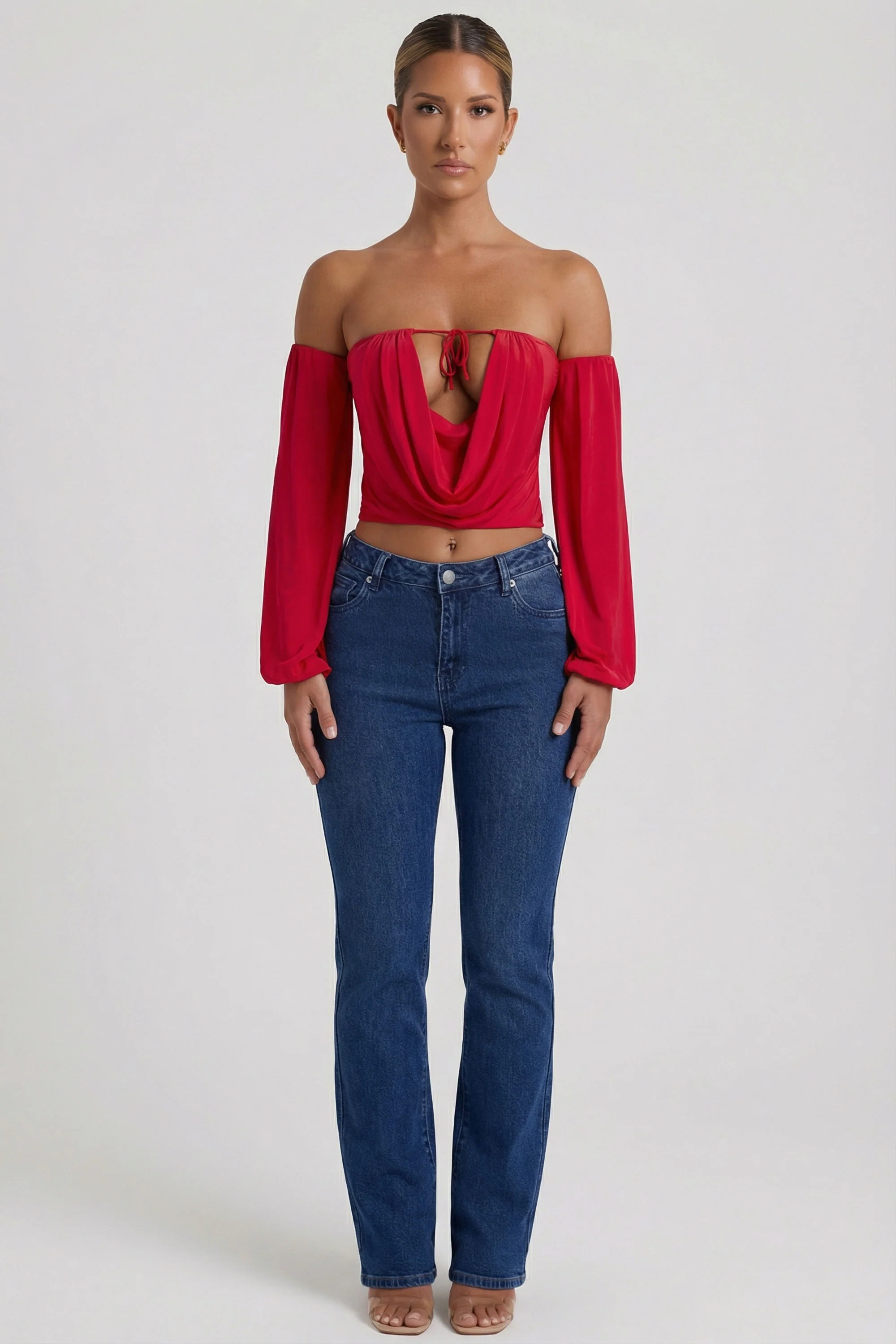 Off-Shoulder Draped Balloon-Sleeve Top in Red - Image 4