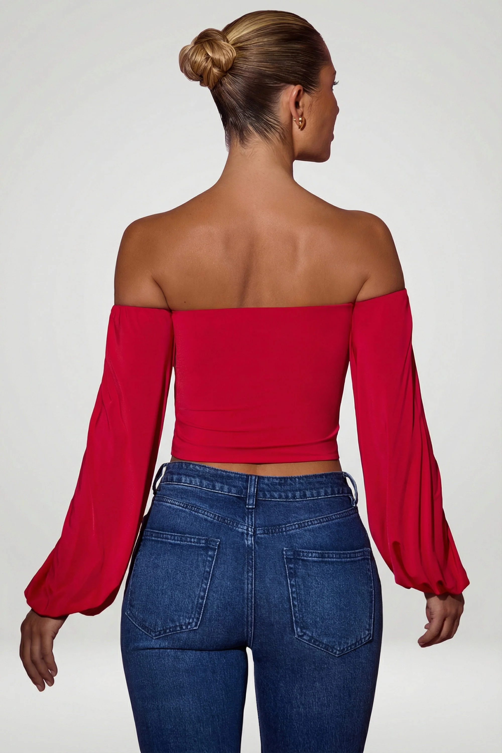Off-Shoulder Draped Balloon-Sleeve Top in Red - Image 5