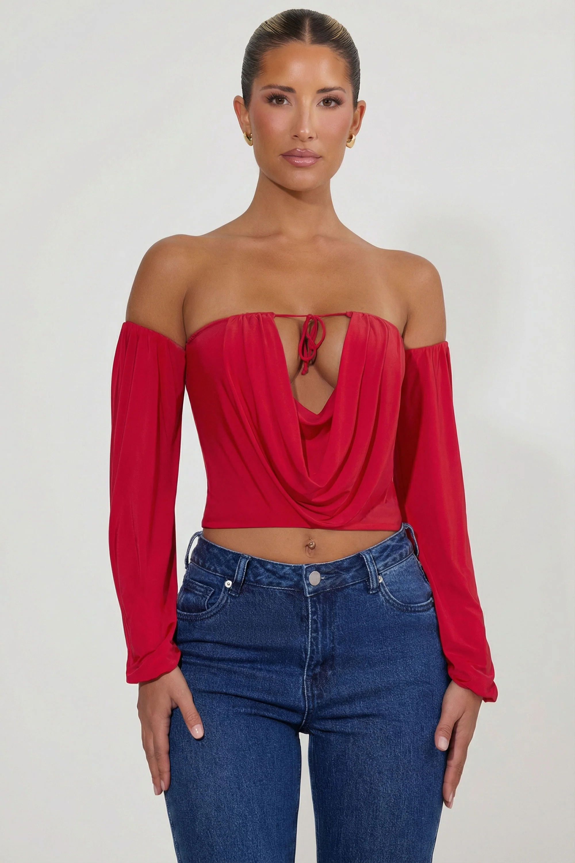 Off-Shoulder Draped Balloon-Sleeve Top in Red - Image 6