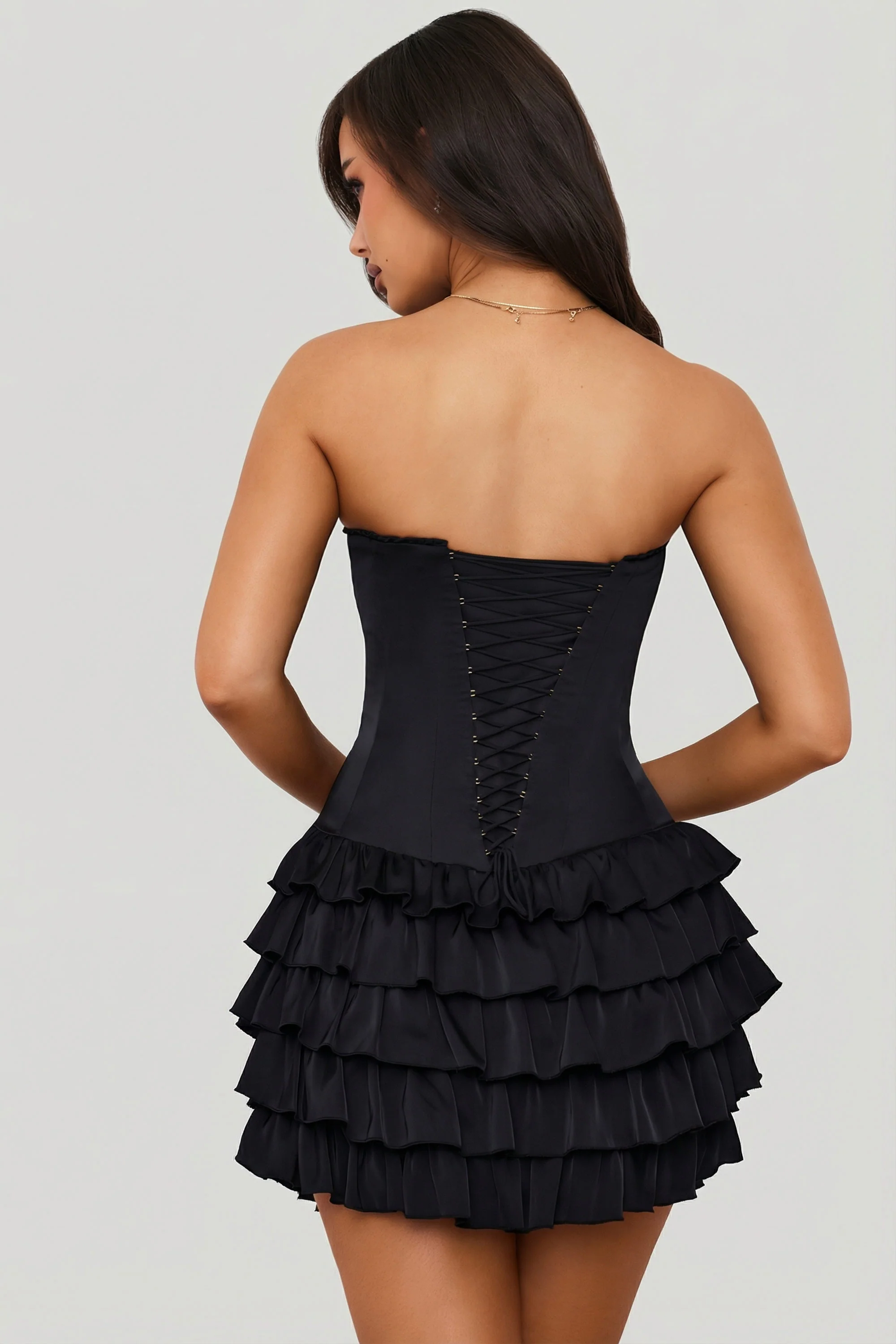 Bandeau Ruffled Tiered Corset Mini Dress in Black - Image 2