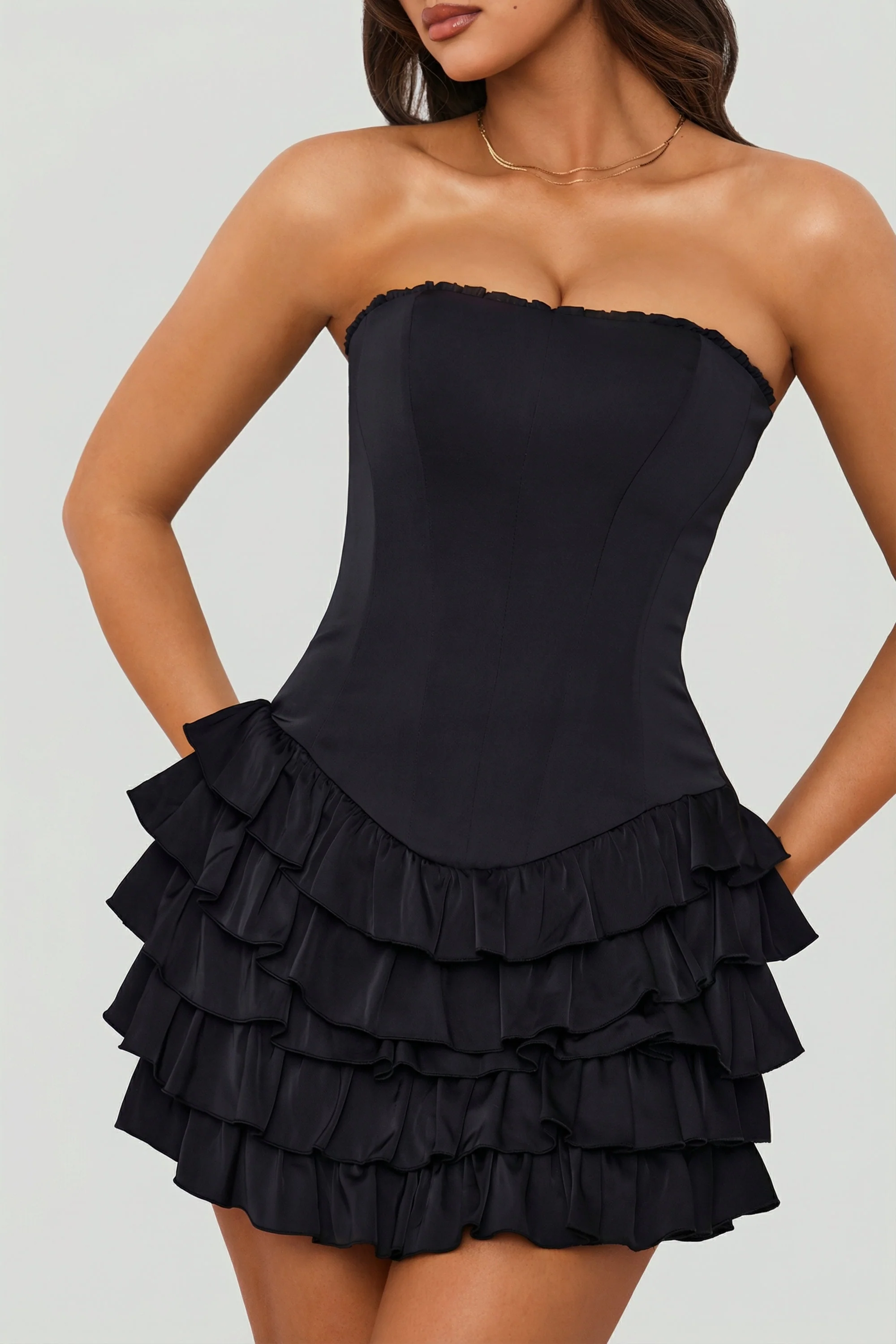 Bandeau Ruffled Tiered Corset Mini Dress in Black - Image 3