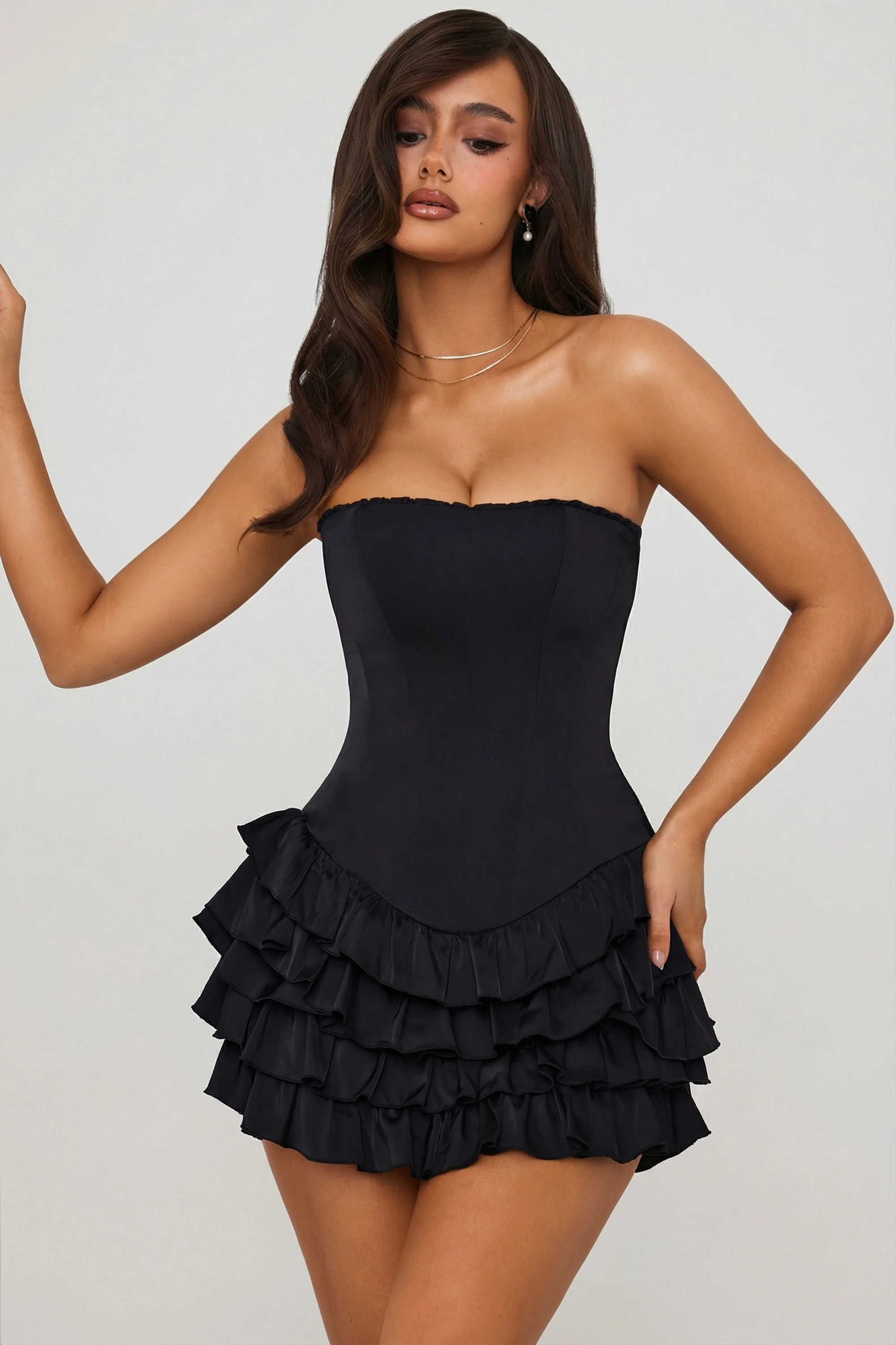 Bandeau Ruffled Tiered Corset Mini Dress in Black - Image 6