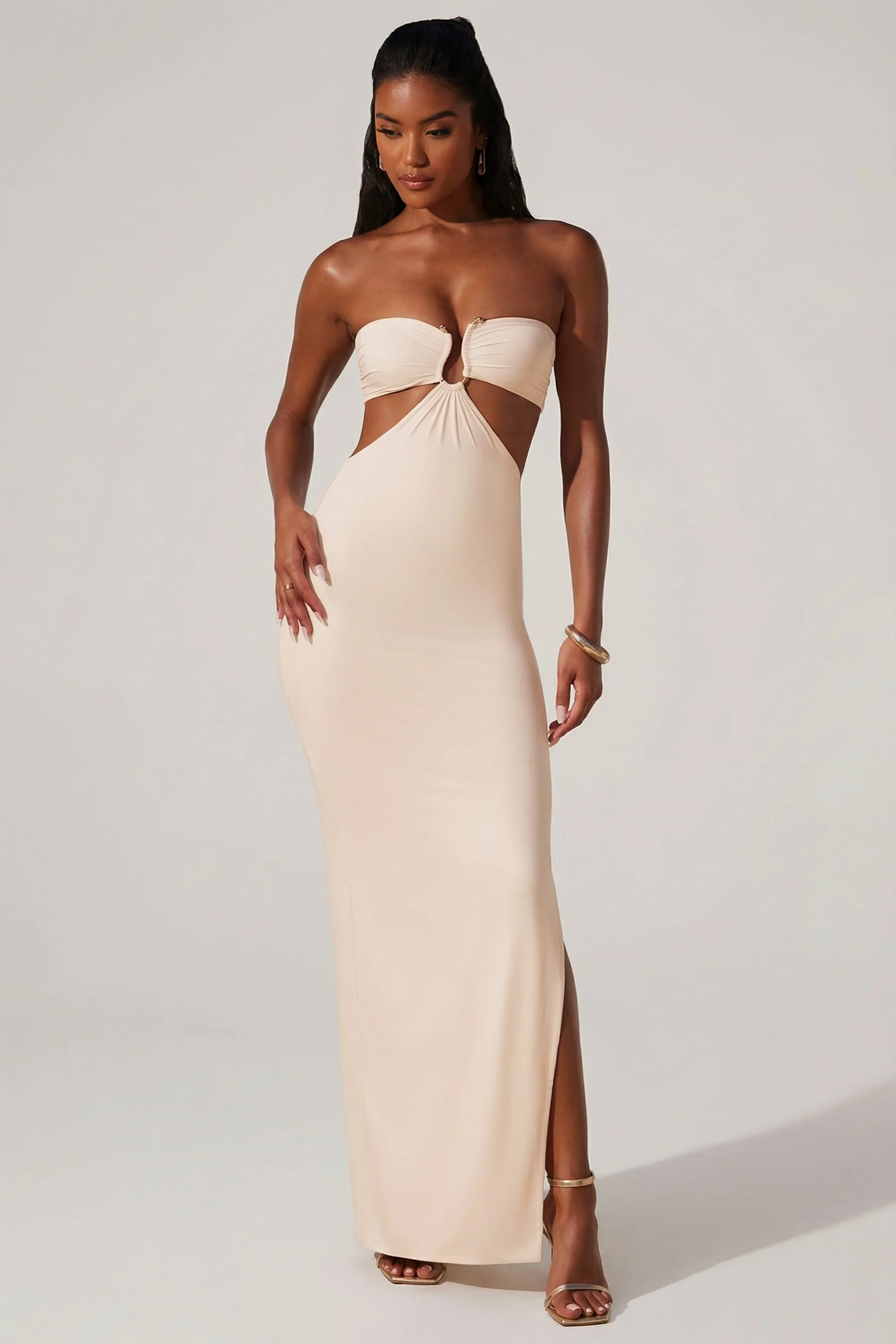 Ruched Hardware Detail Bandeau Floor Length Dress in Ivory - Image 6