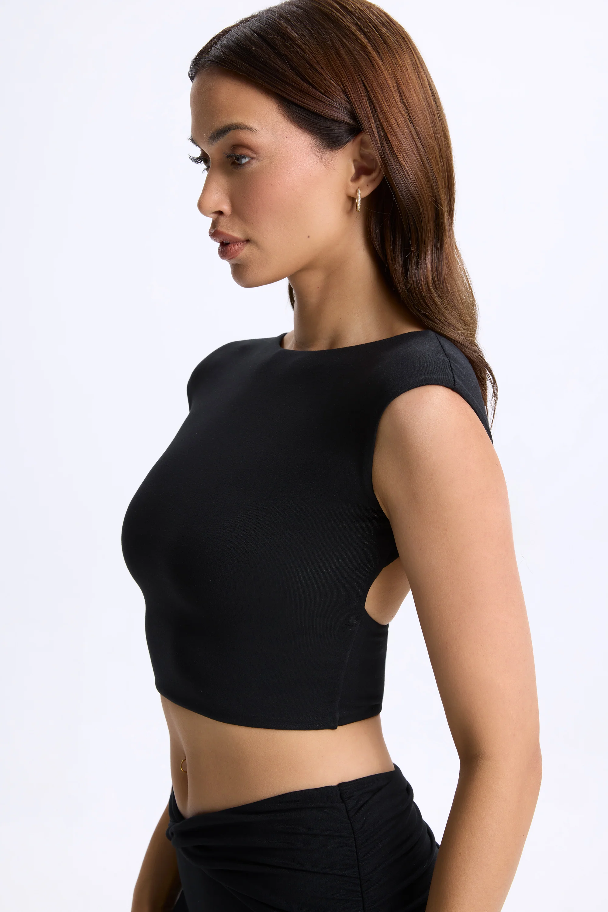 Modal Cap-Sleeve Open-Back Crop Top in Black - Image 3