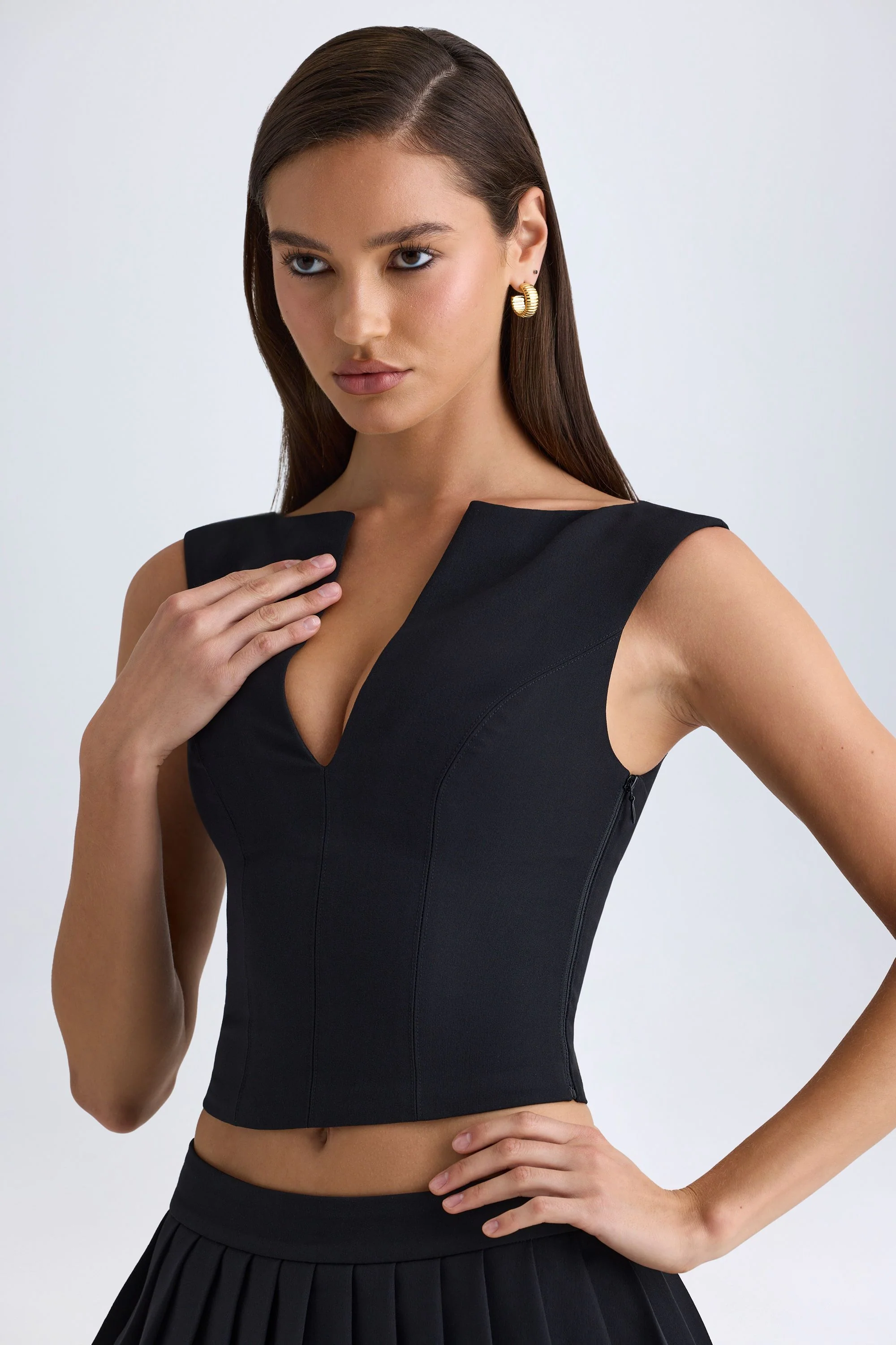 V-Neck Structured Crop Top in Black - Image 5