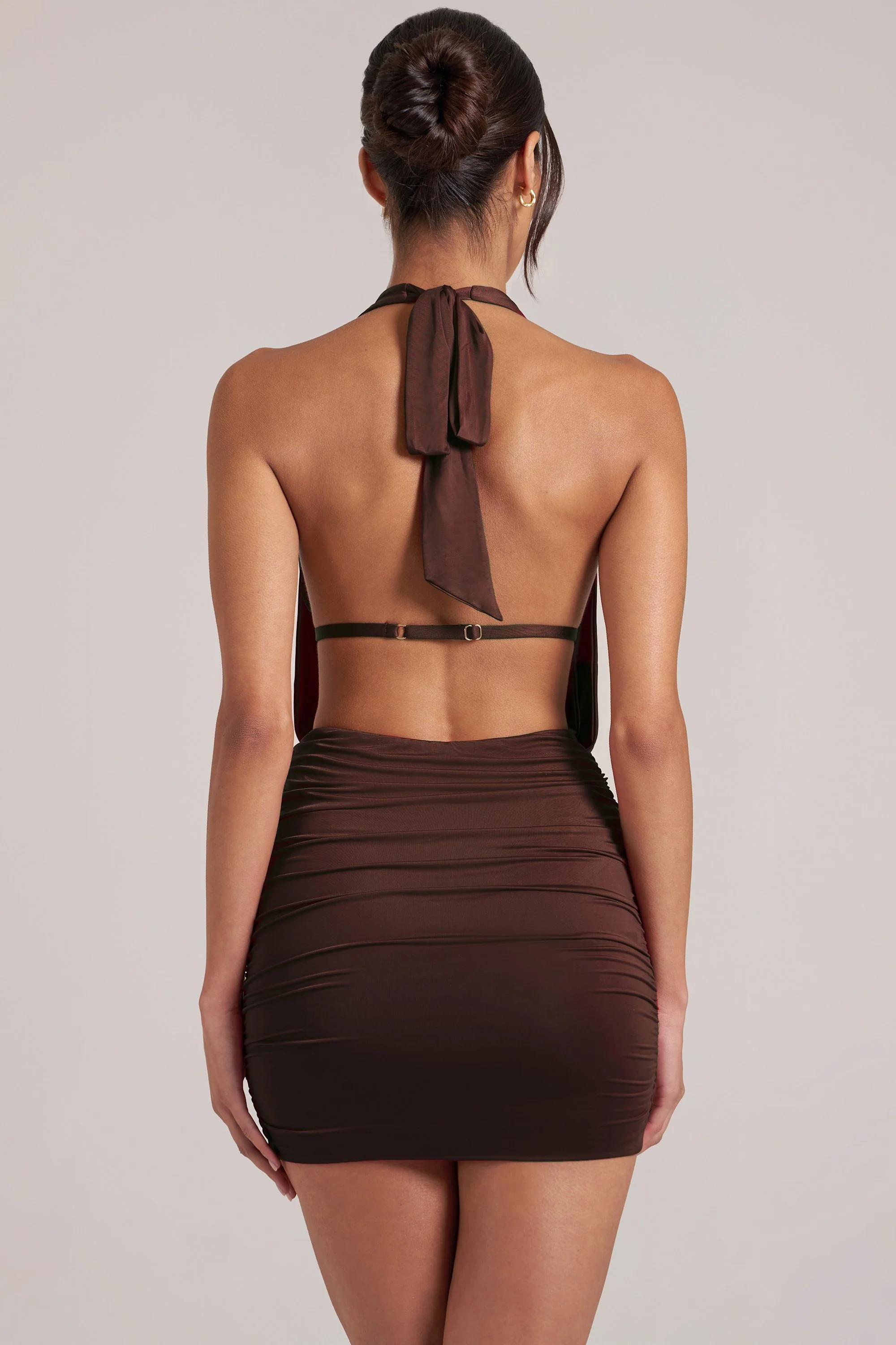 Draped Cowl Mini Dress in Chocolate Brown - Image 6