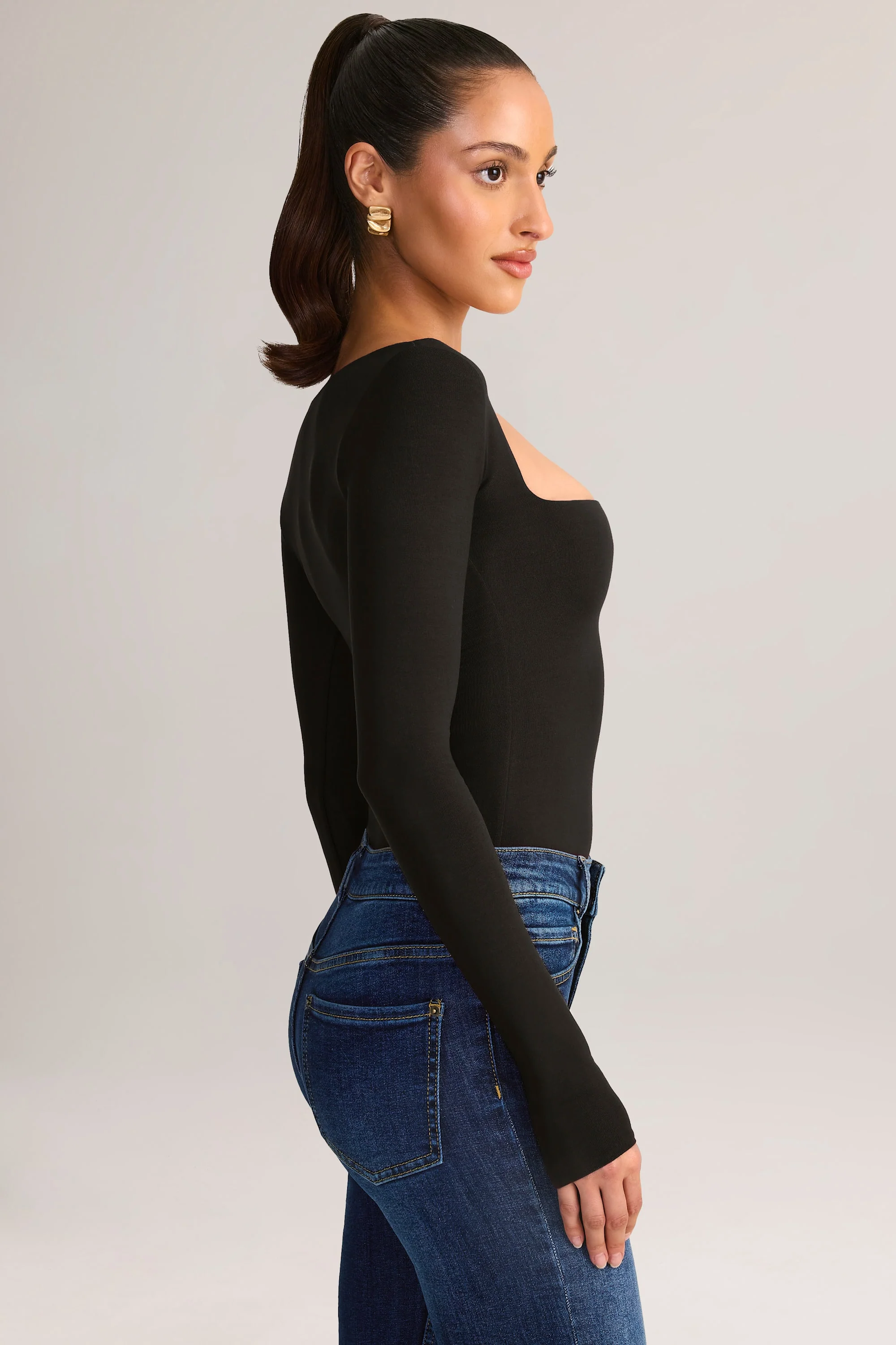 Modal Square-Neck Long-Sleeve Top in Black - Image 3