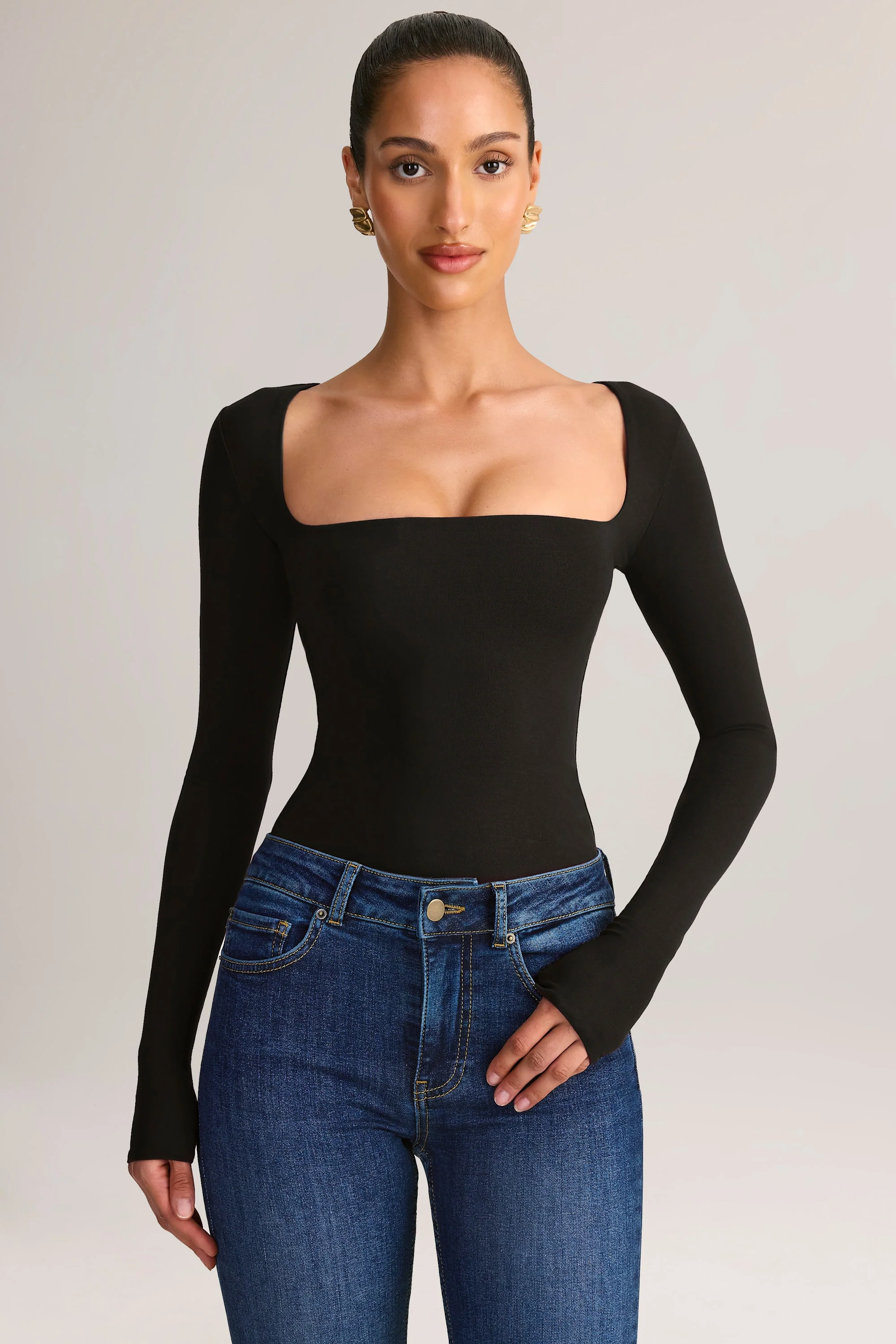 Modal Square-Neck Long-Sleeve Top in Black - Image 6