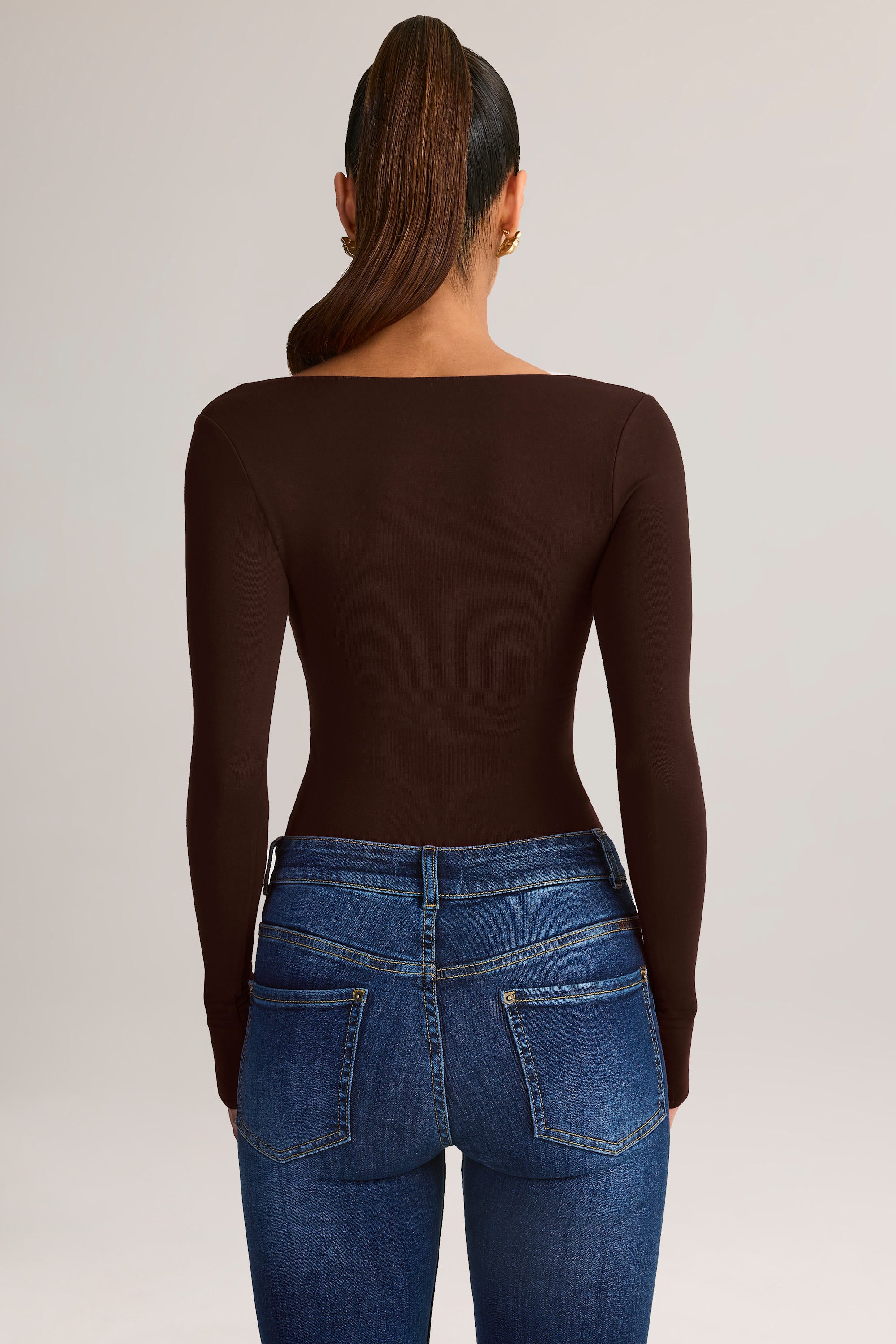 Modal Square-Neck Long-Sleeve Top in Chocolate Brown - Image 2