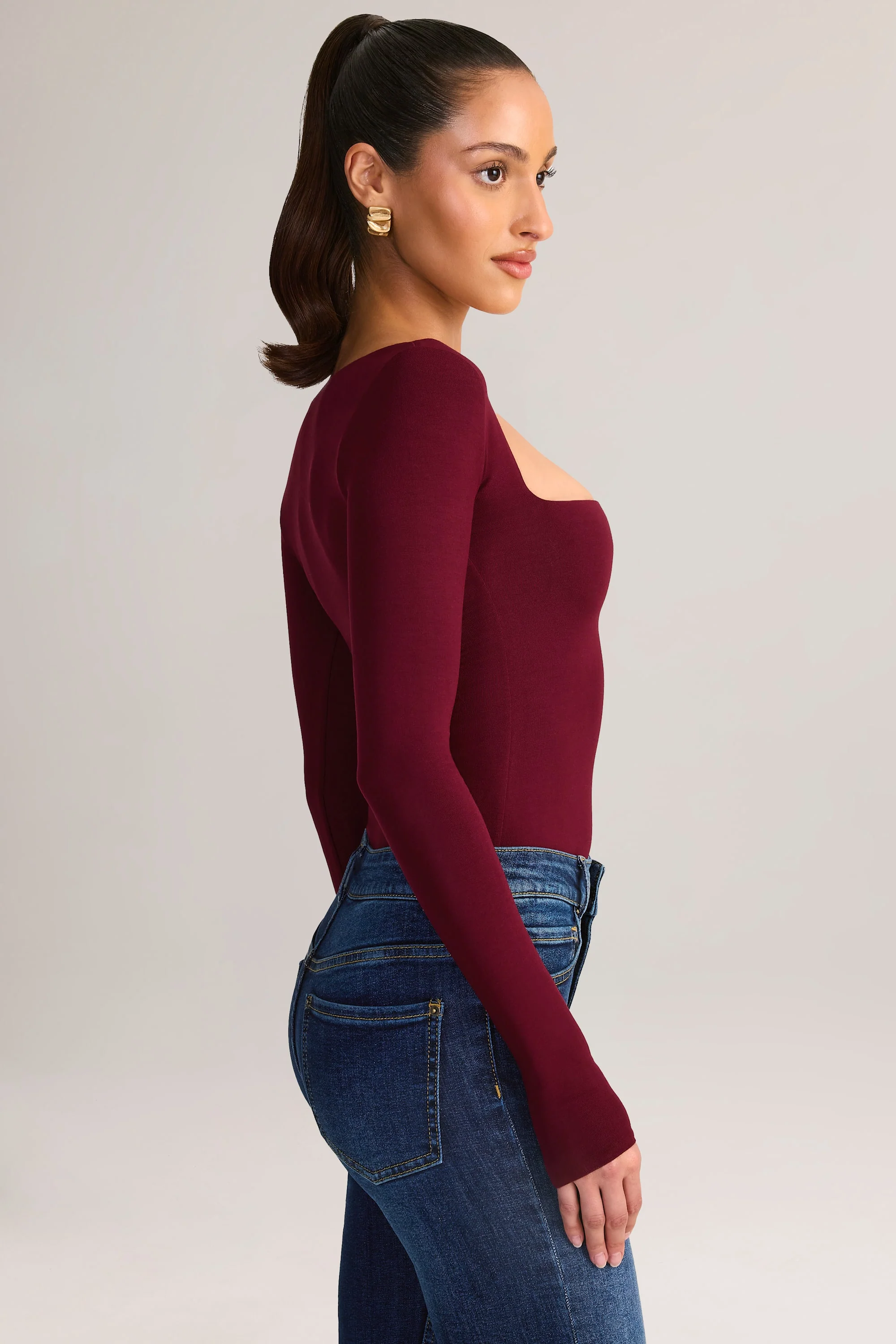Modal Square-Neck Long-Sleeve Top in Wine - Image 3