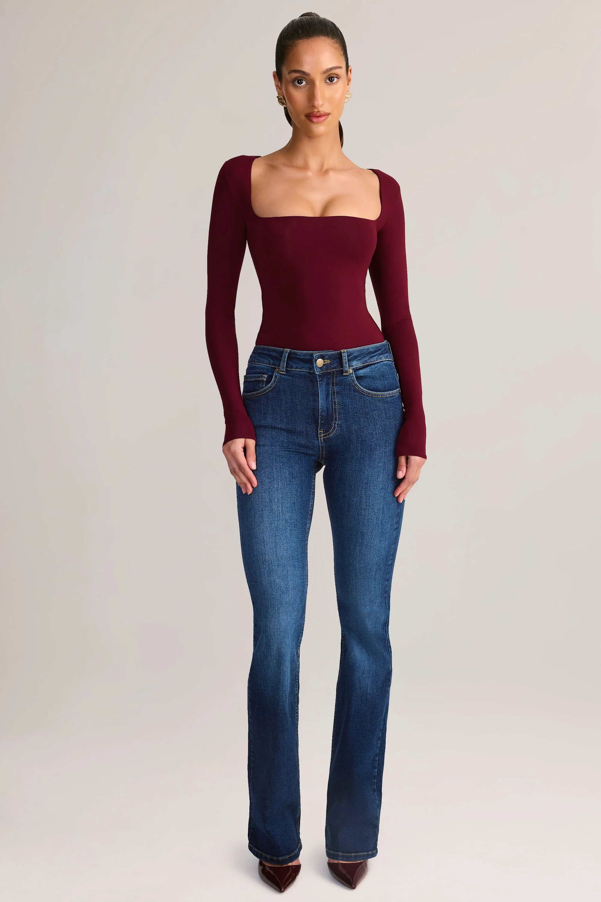 Modal Square-Neck Long-Sleeve Top in Wine - Image 6