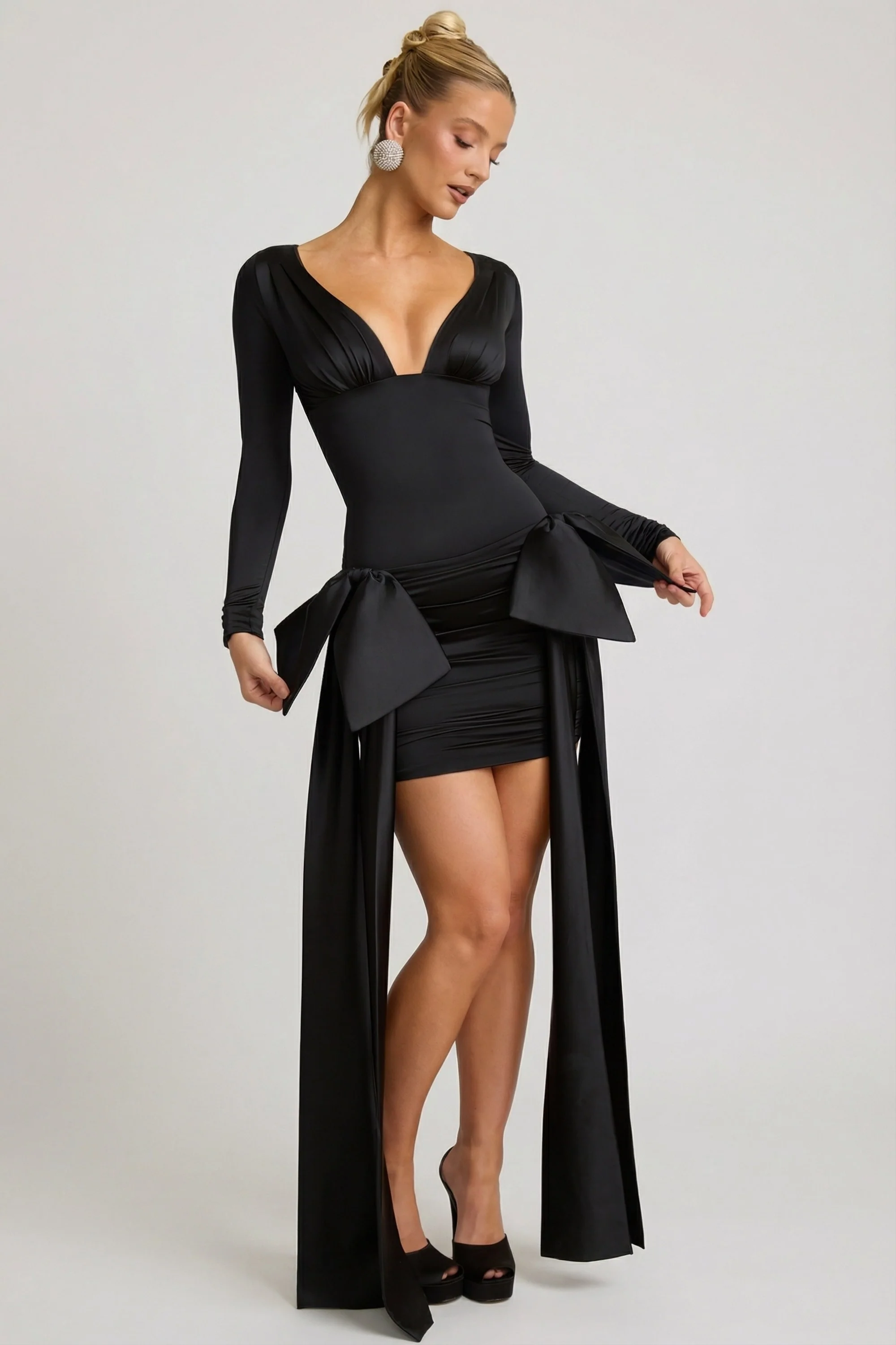 Bow-Detail Ruched Mini Dress in Black - Image 8