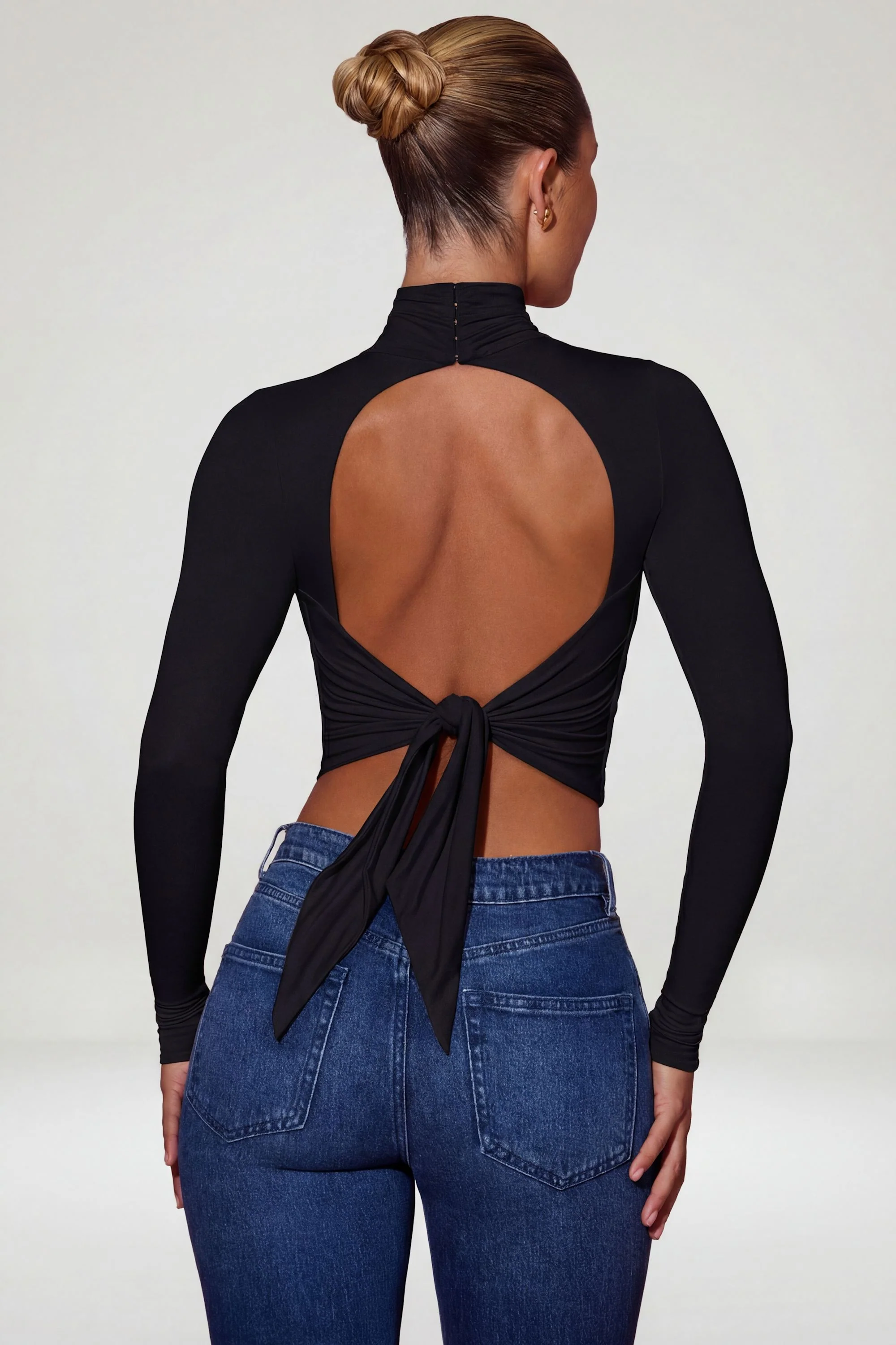 Cowl-Neck Tie-Back Top in Black - Image 2