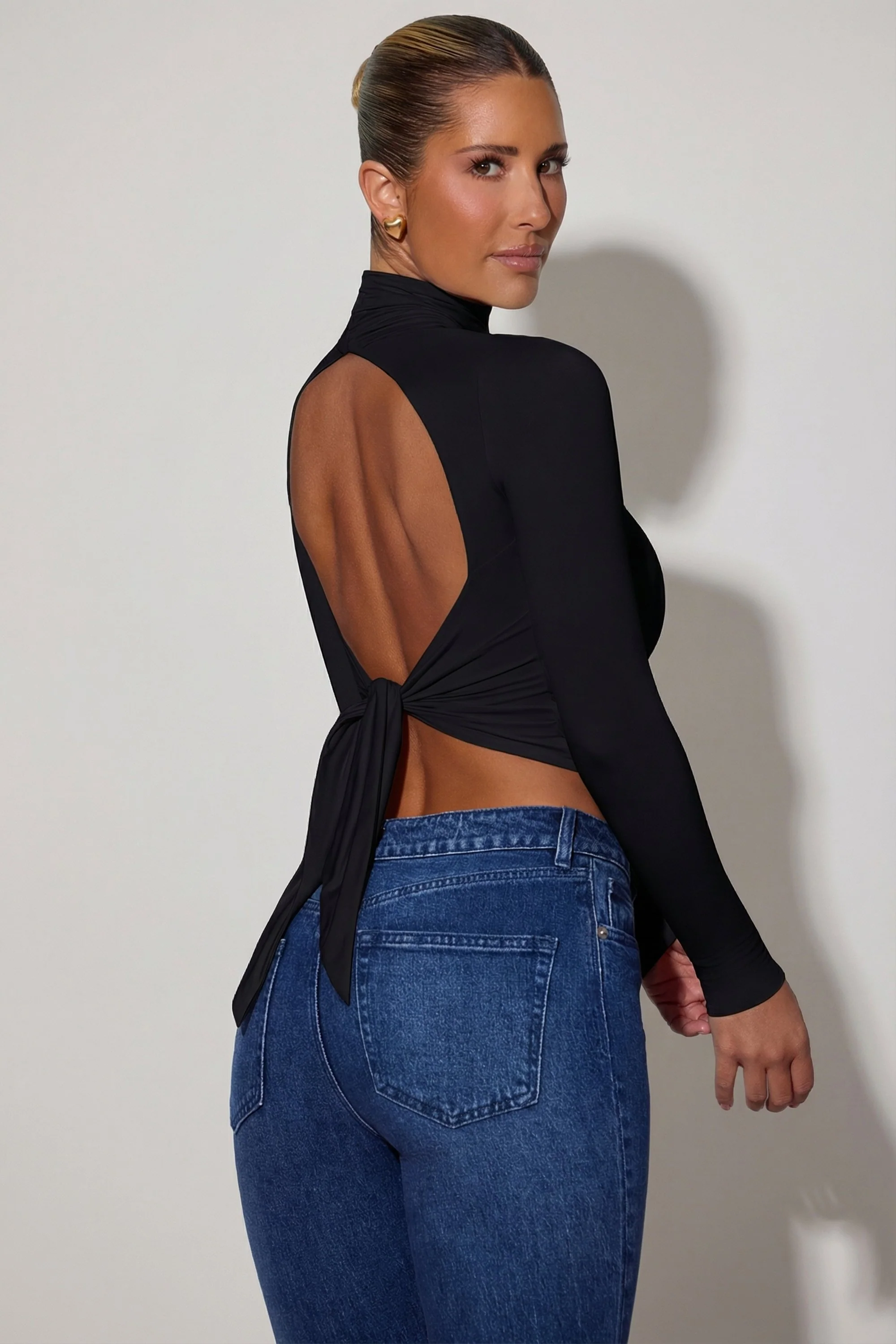 Cowl-Neck Tie-Back Top in Black - Image 6