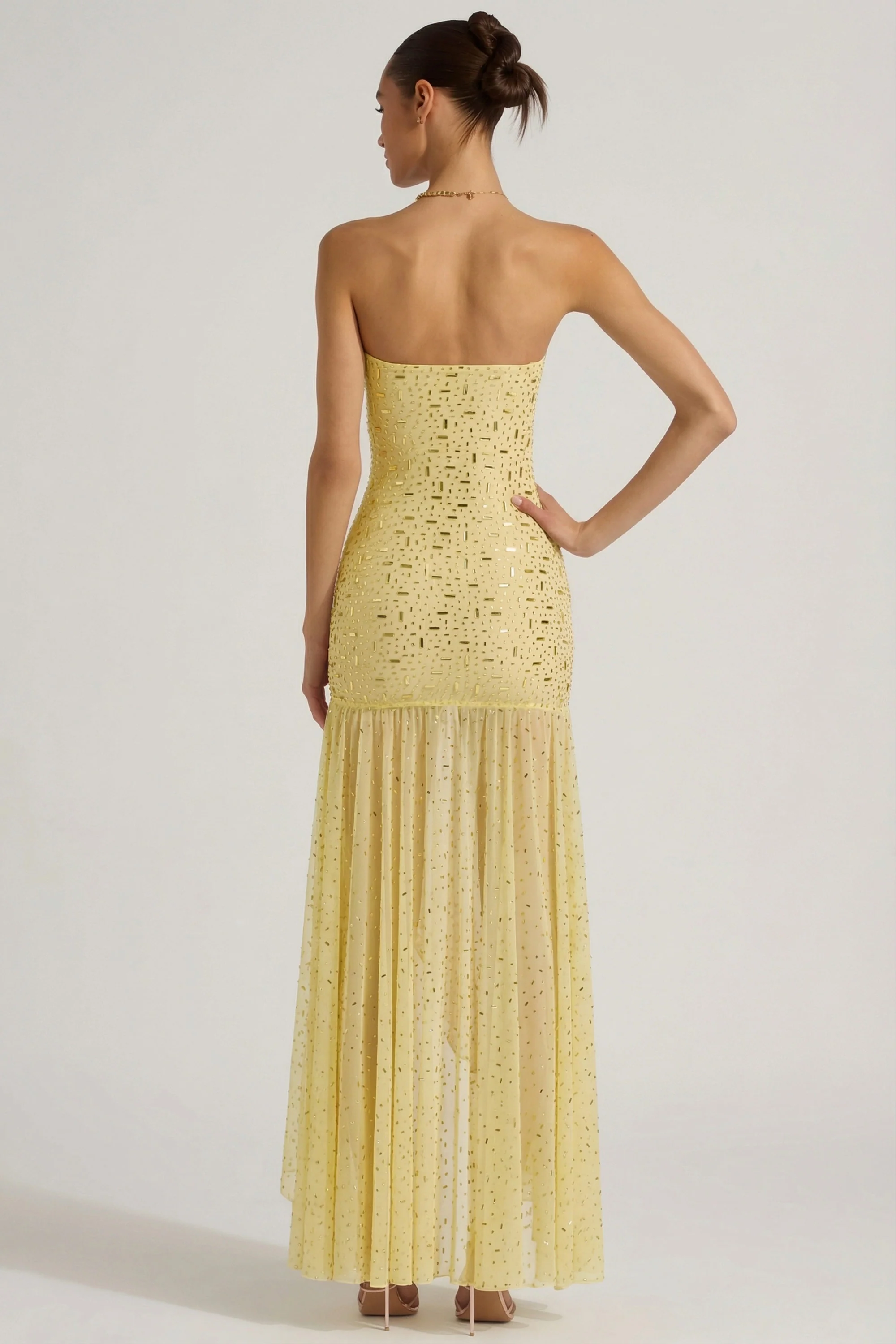 Semi-Sheer Embellished Asymmetric Maxi Dress in Yellow - Image 2