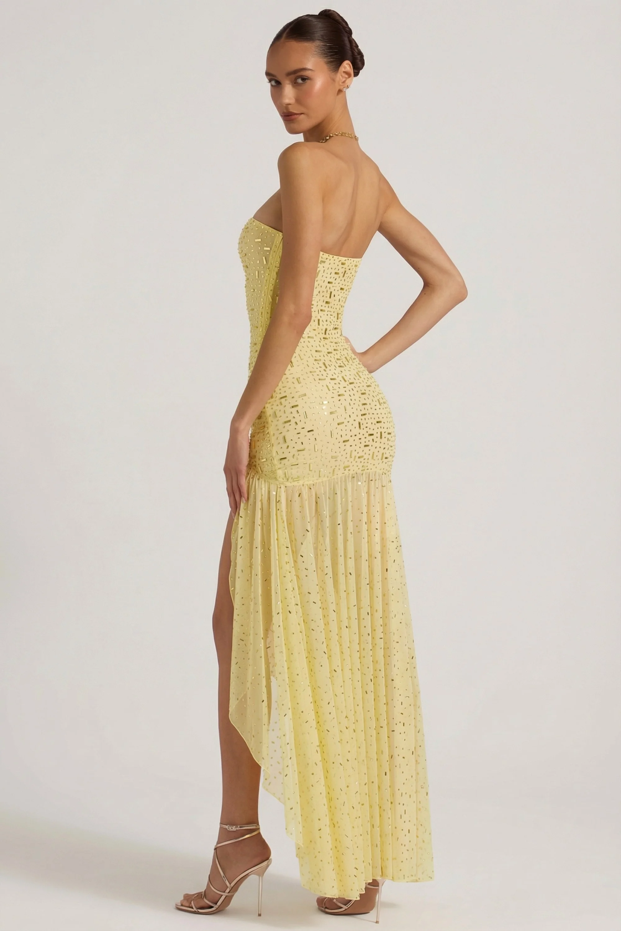 Semi-Sheer Embellished Asymmetric Maxi Dress in Yellow - Image 6