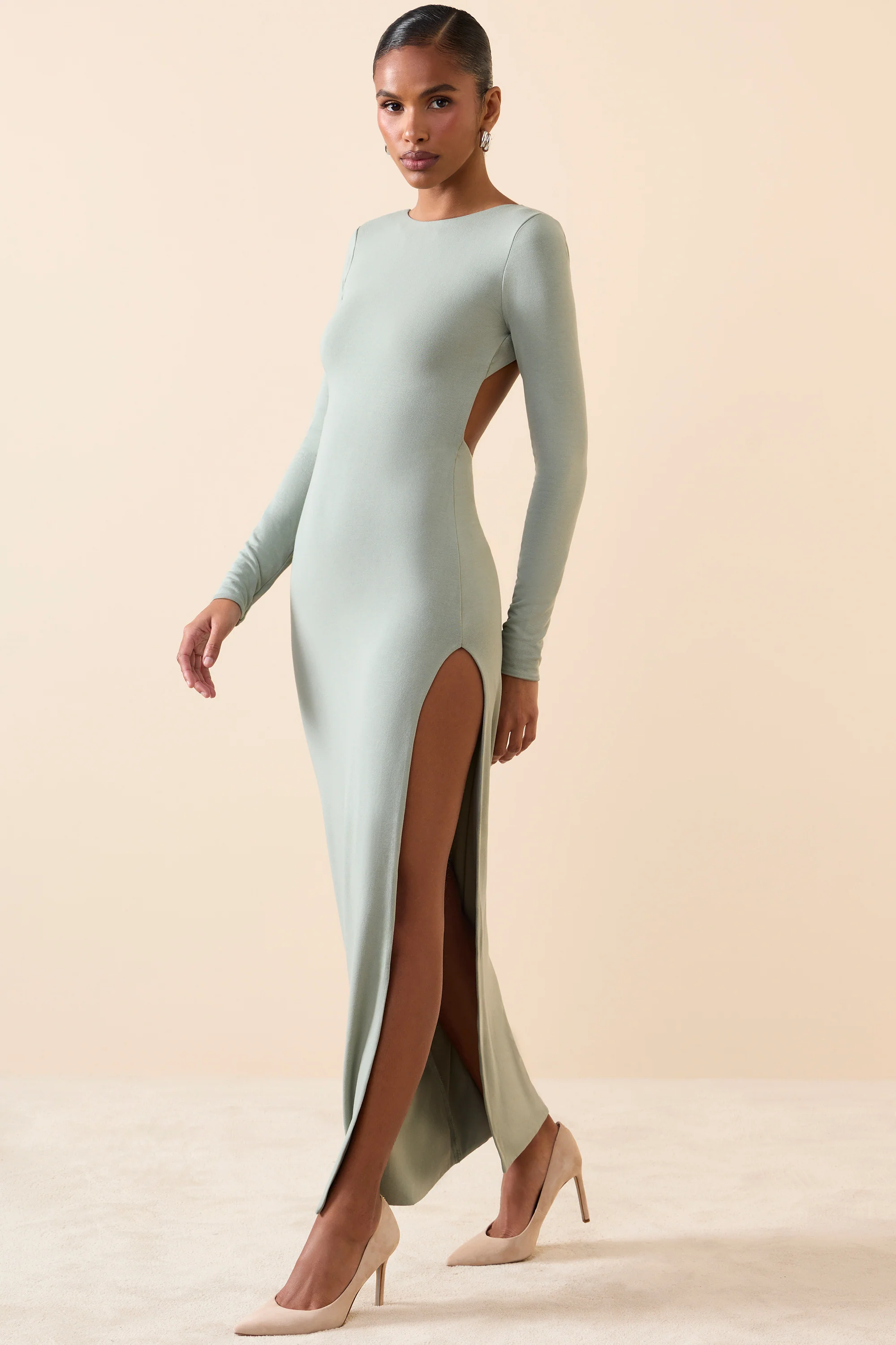 Long Sleeve Backless Maxi Dress in Smoke Green - Image 8