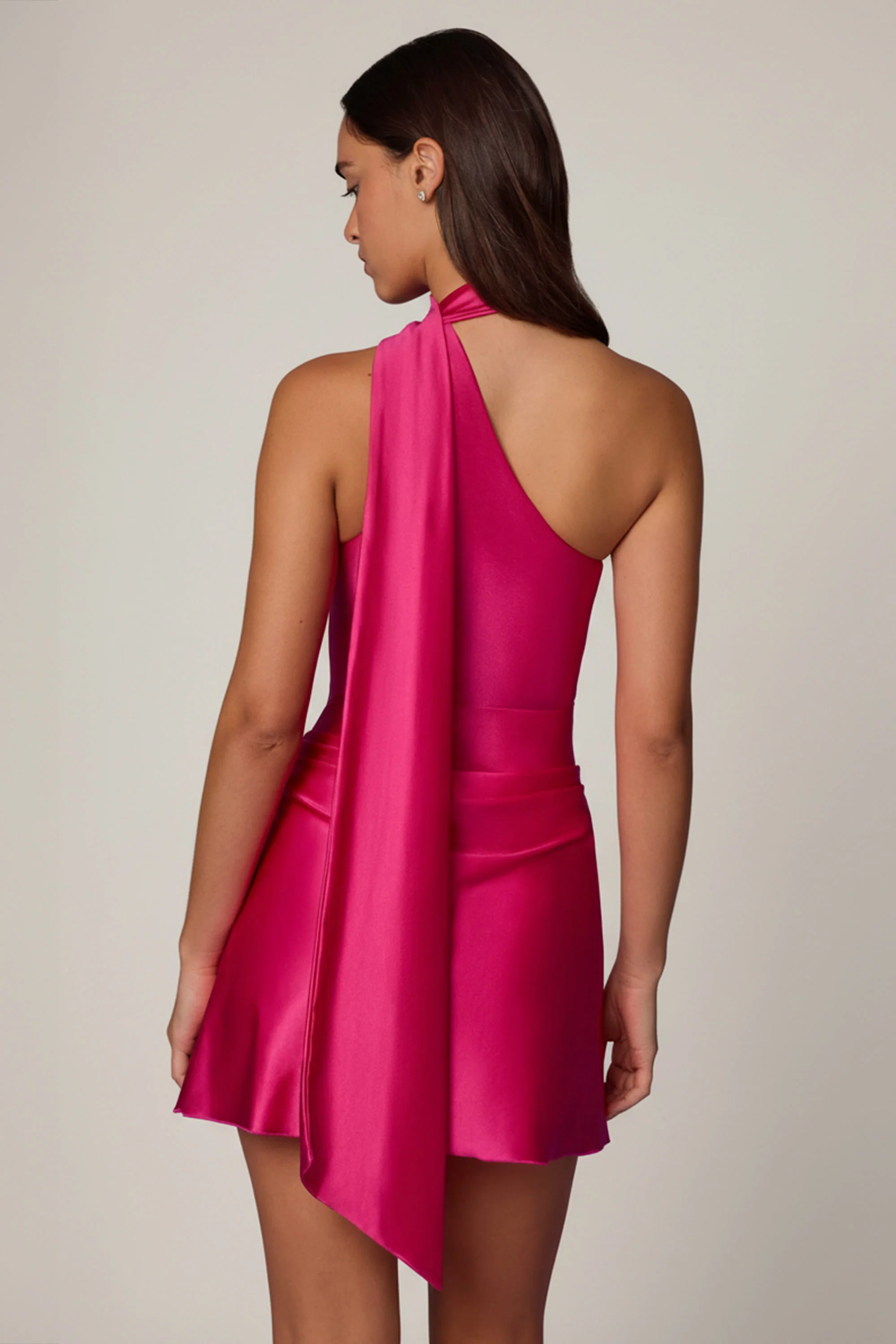 Asymmetric Scarf-Detail Mini Dress in Hot Pink - Image 2