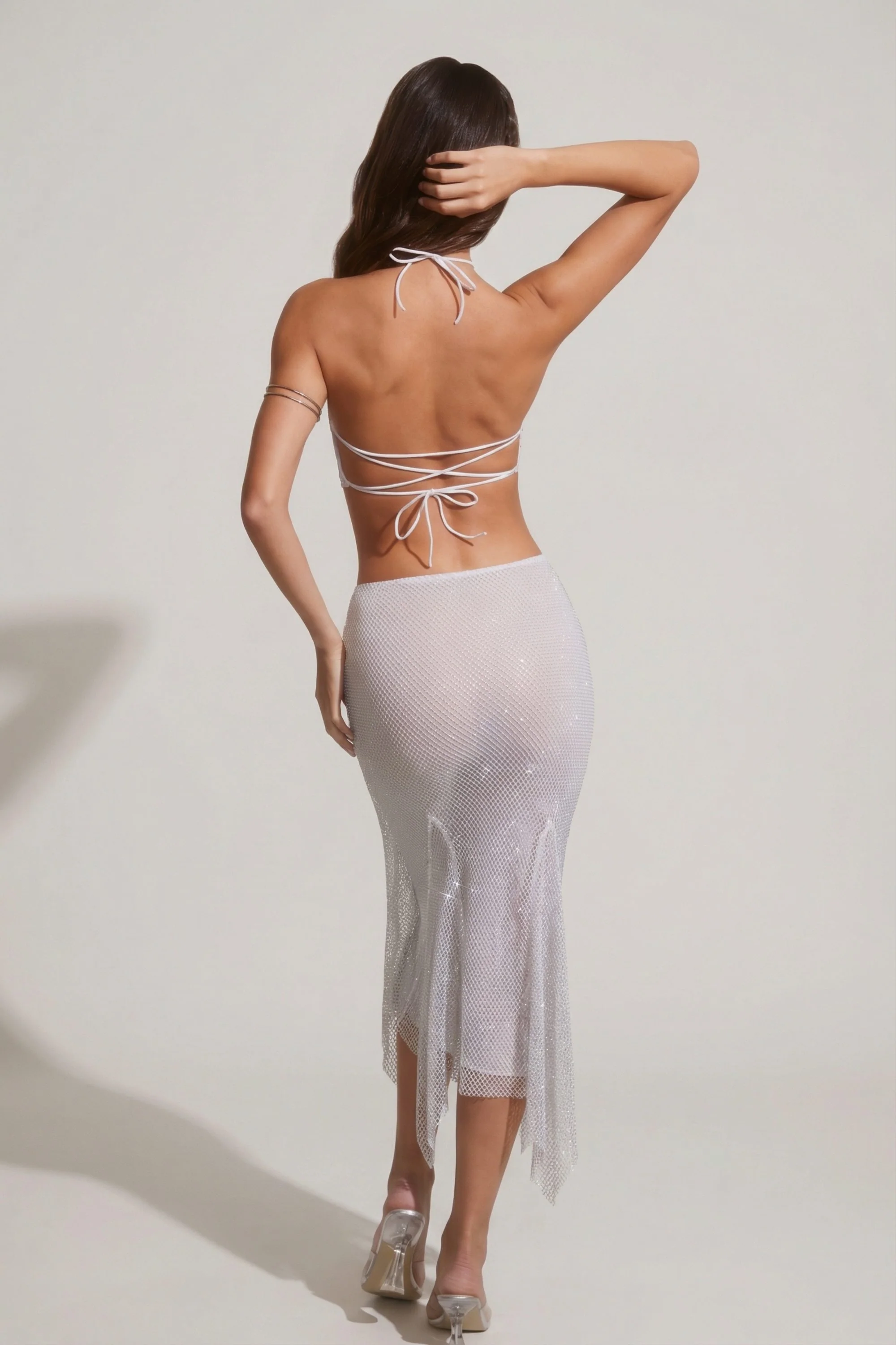 Embellished Open Back Crop Top in Silver - Image 3