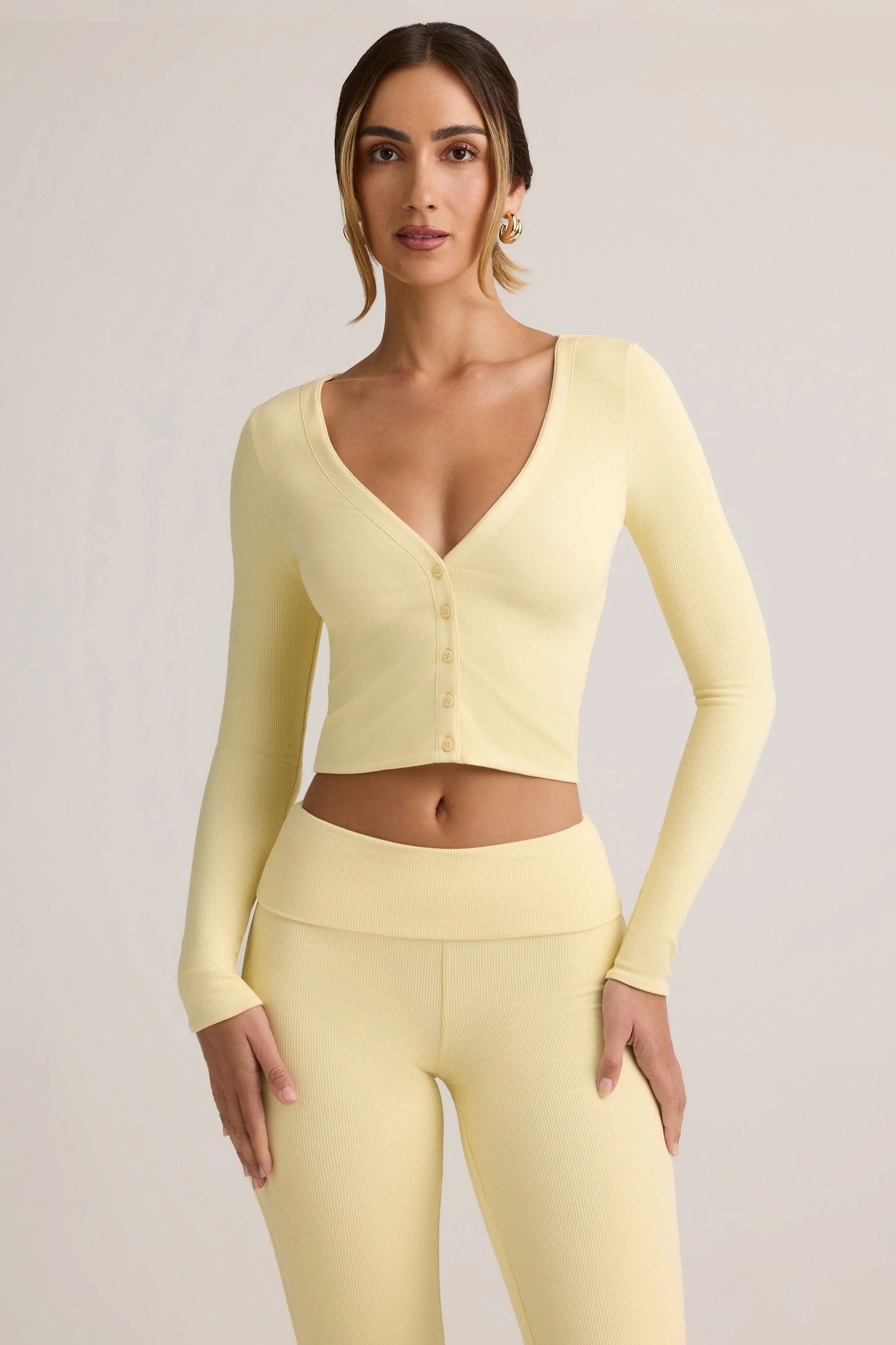 Modal Ribbed Cropped Cardigan in Buttercream Yellow - Image 6