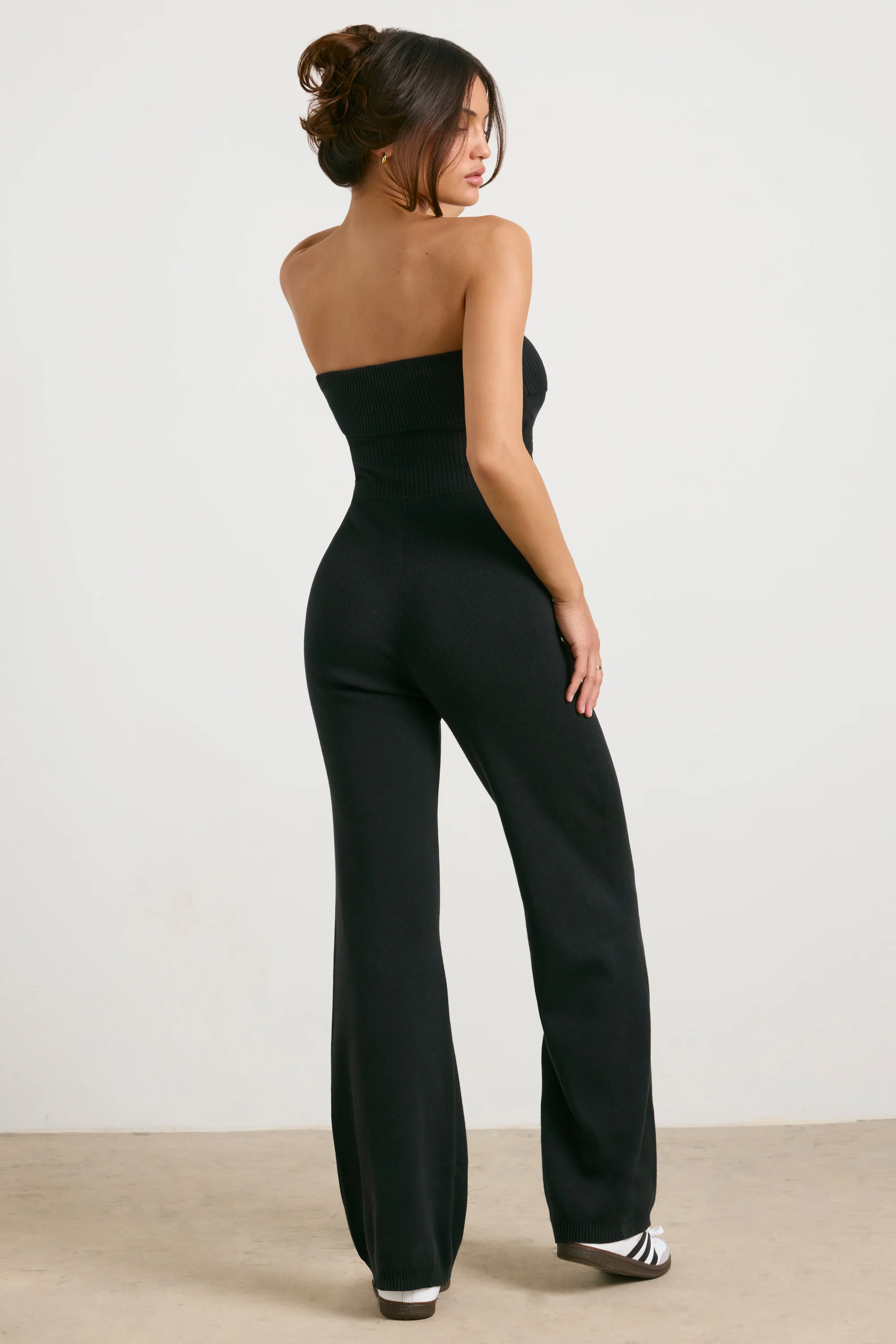Chunky Knit Bandeau Kick Flare Jumpsuit in Black - Image 2