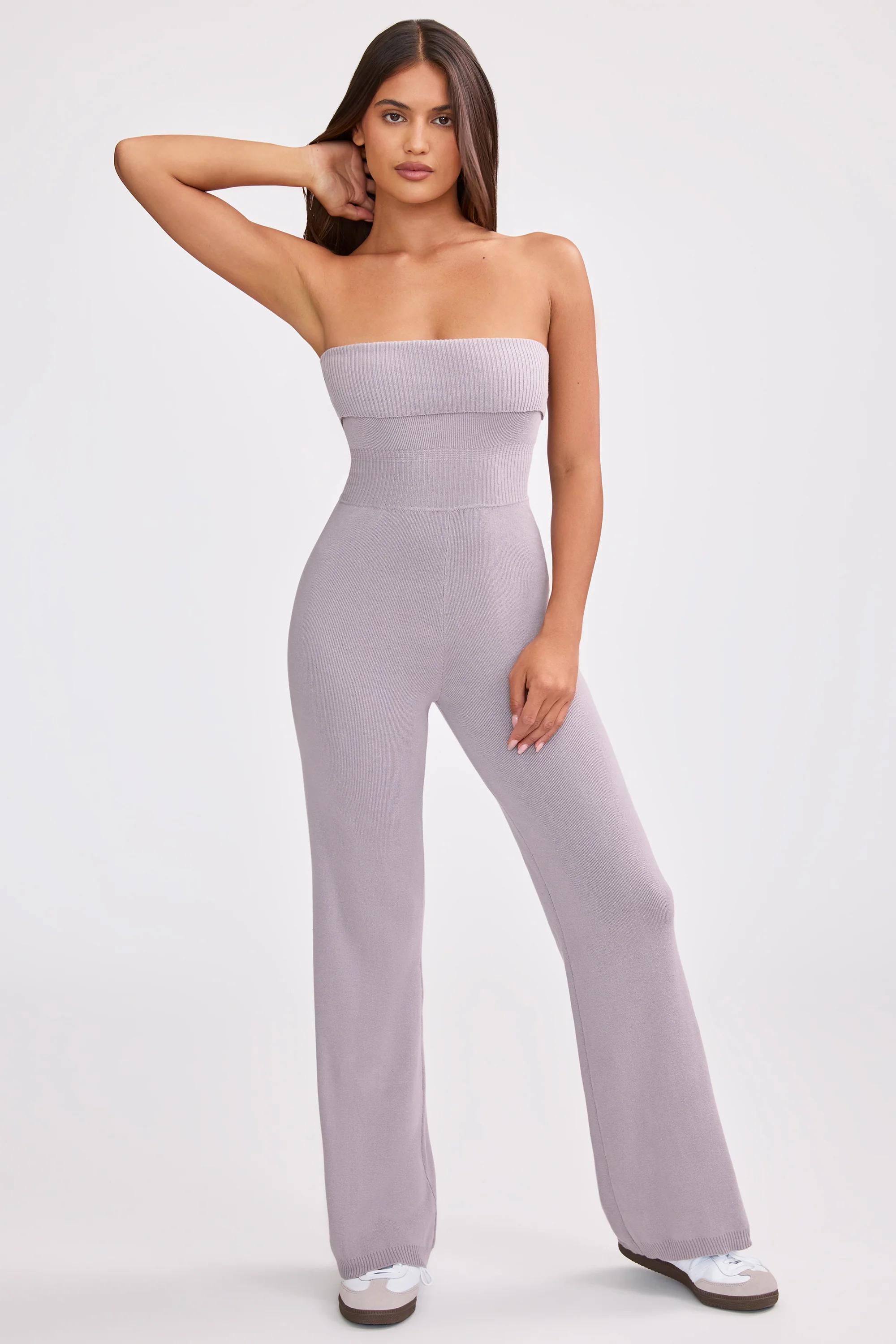 Chunky Knit Bandeau Kick Flare Jumpsuit in Dusty Lavender - Image 7