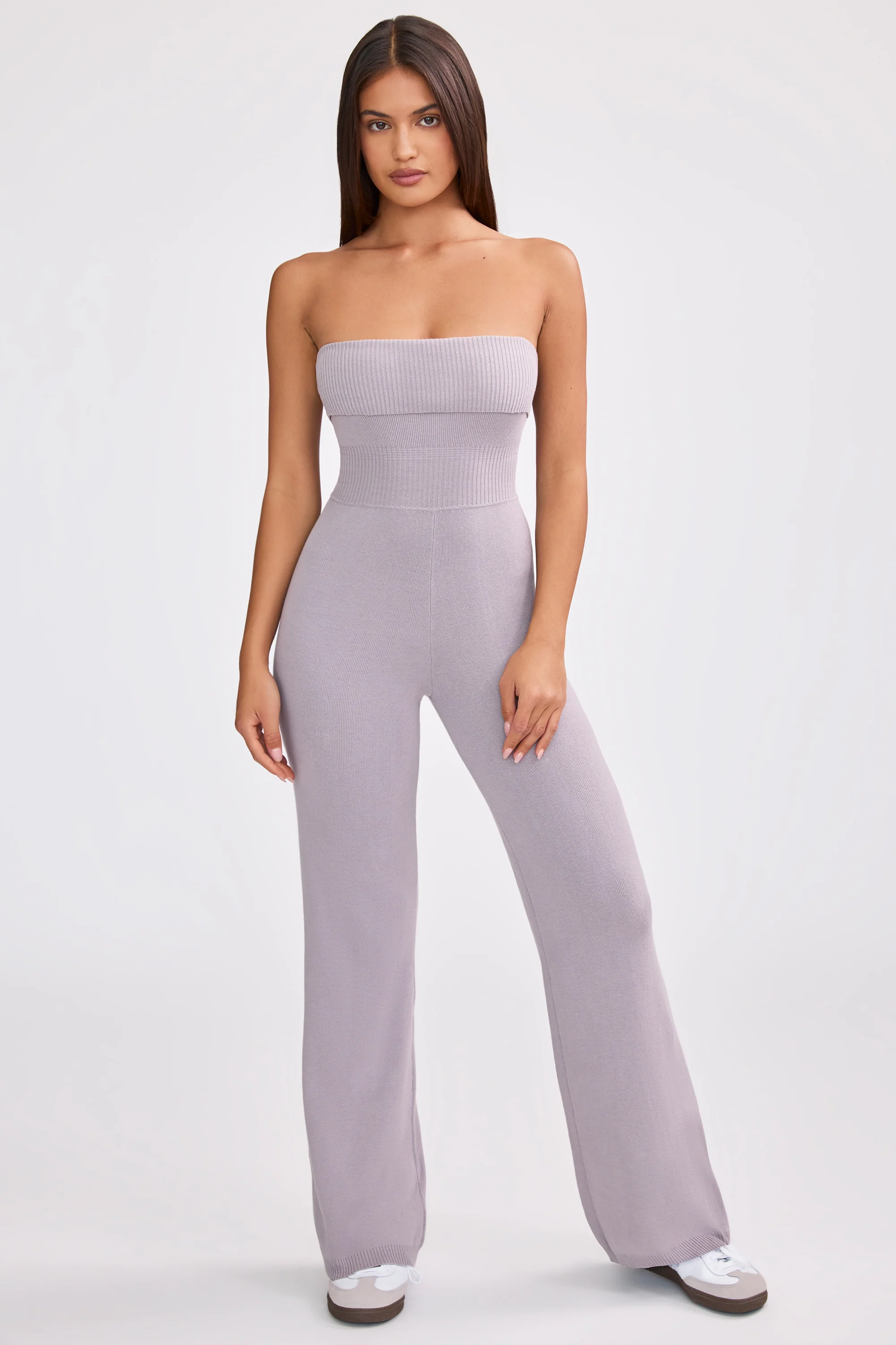 Chunky Knit Bandeau Kick Flare Jumpsuit in Dusty Lavender - Image 9