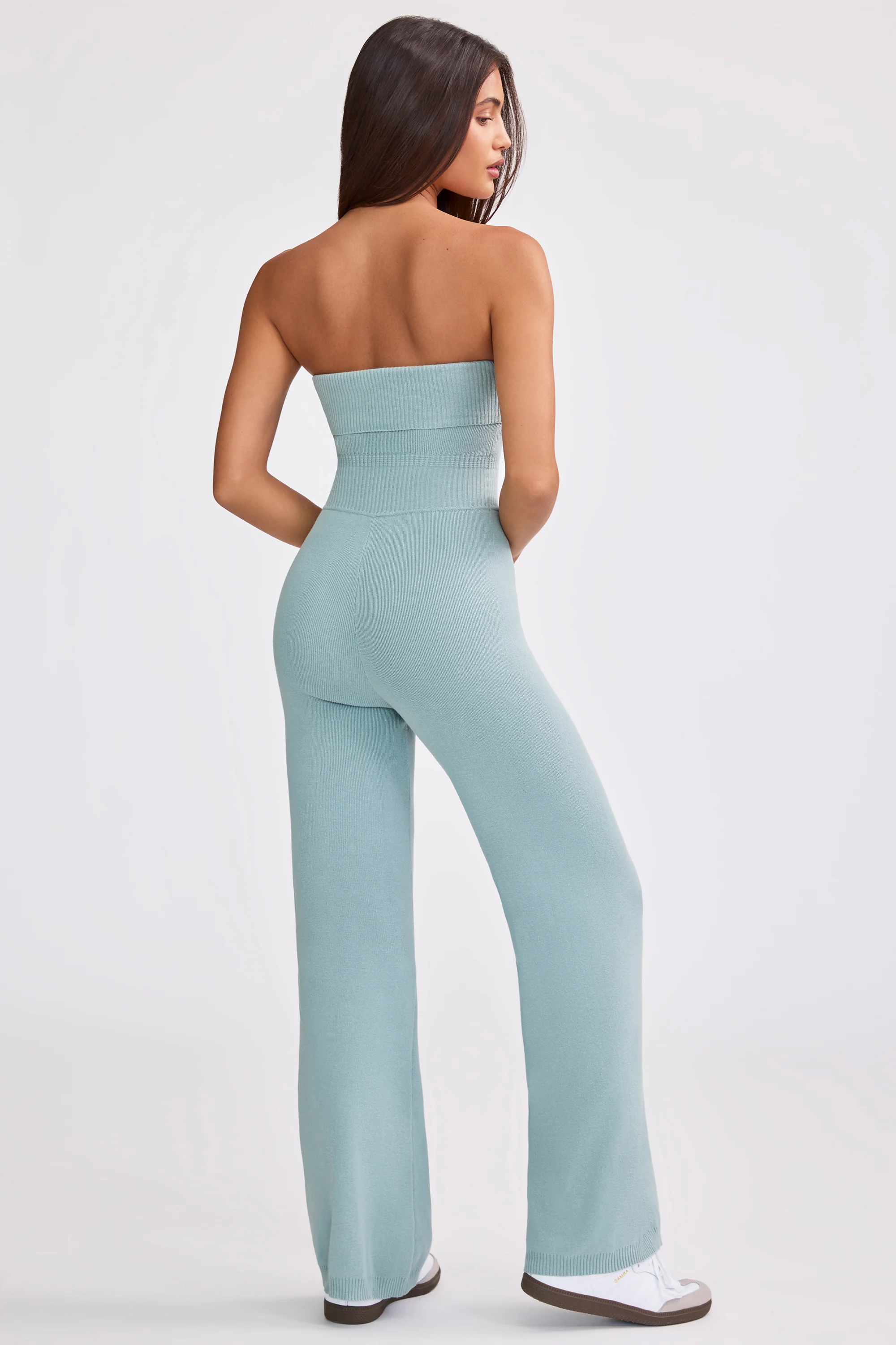 Chunky Knit Bandeau Kick Flare Jumpsuit in Dusty Teal - Image 2