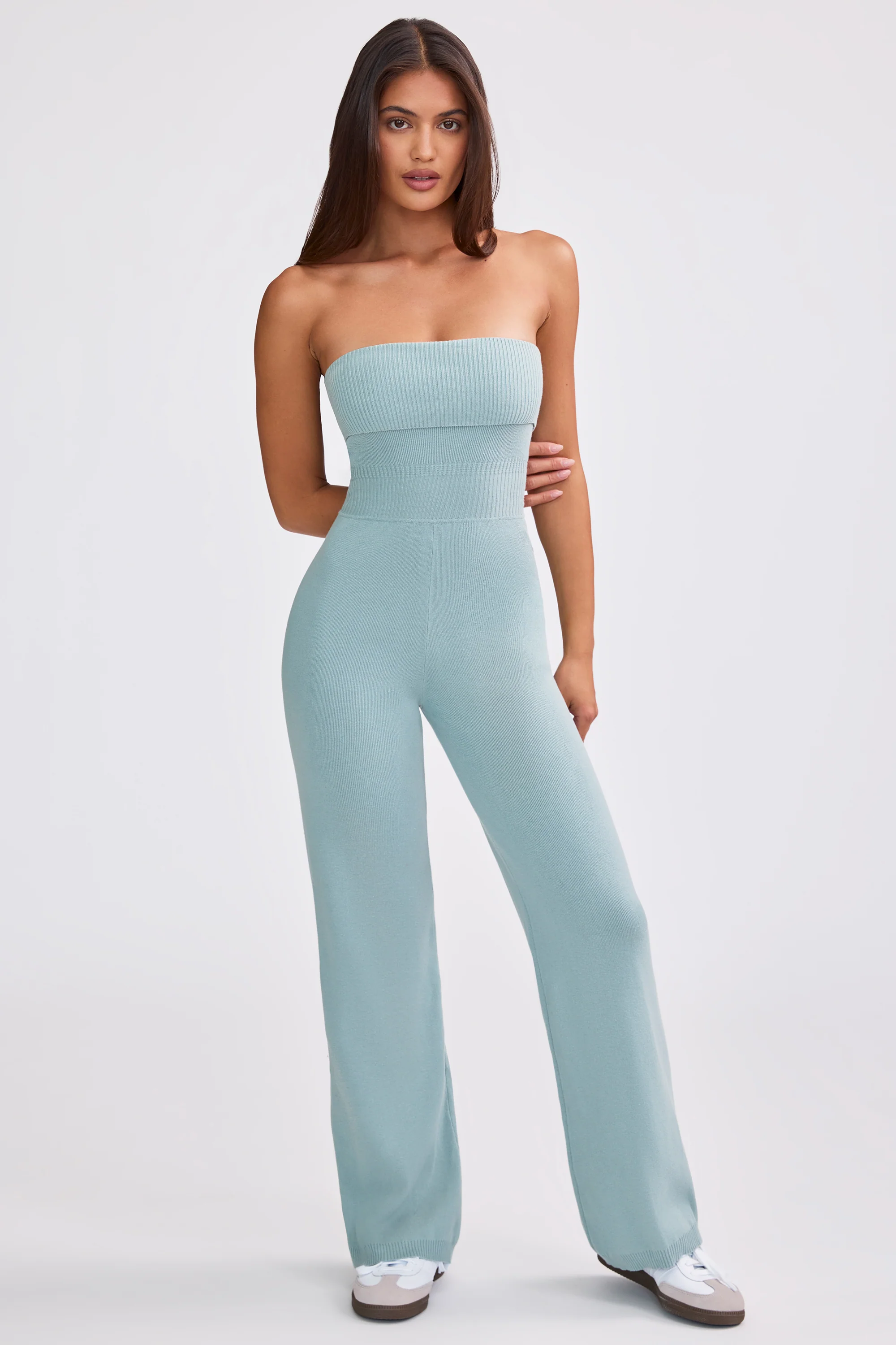 Chunky Knit Bandeau Kick Flare Jumpsuit in Dusty Teal - Image 7