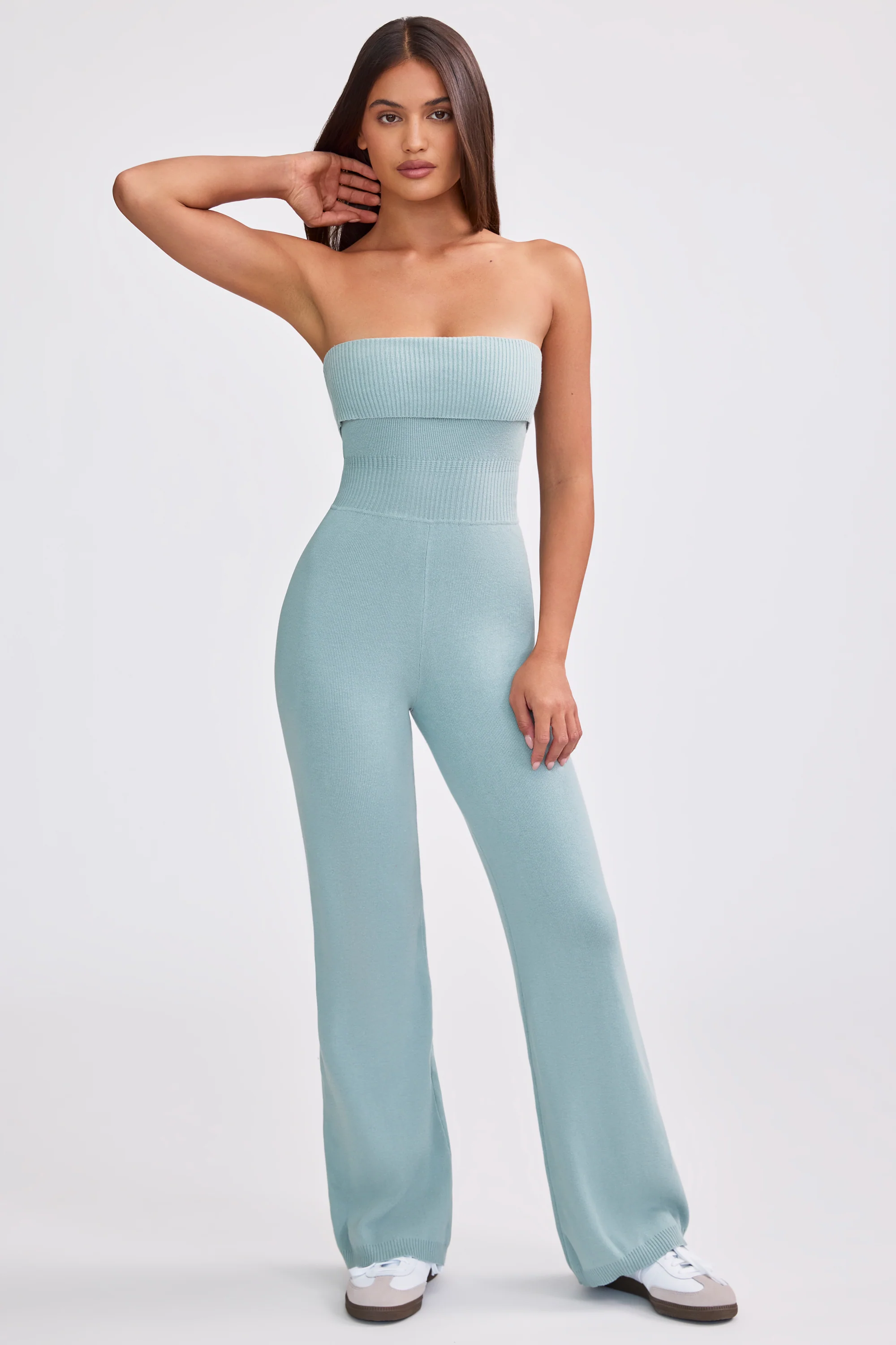 Chunky Knit Bandeau Kick Flare Jumpsuit in Dusty Teal - Image 9