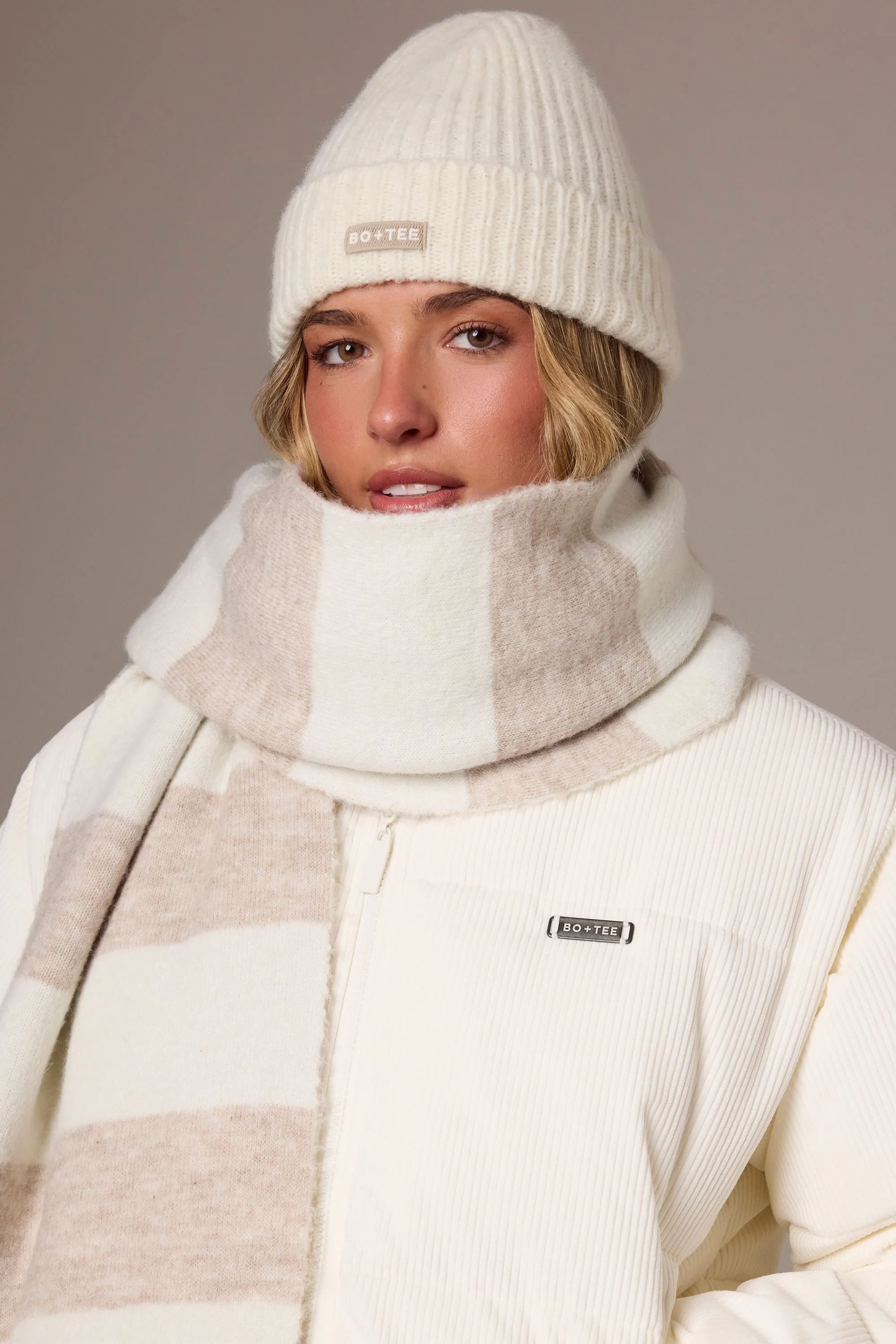 Ribbed Knit Beanie Hat in Ivory - Image 4
