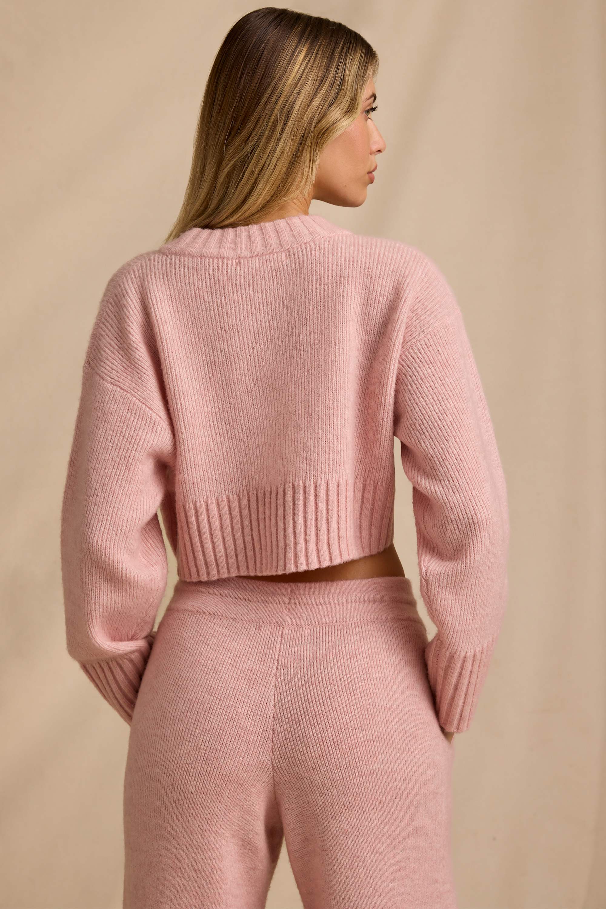 Ribbed Knit Cropped Jumper in Blush Pink - Image 2