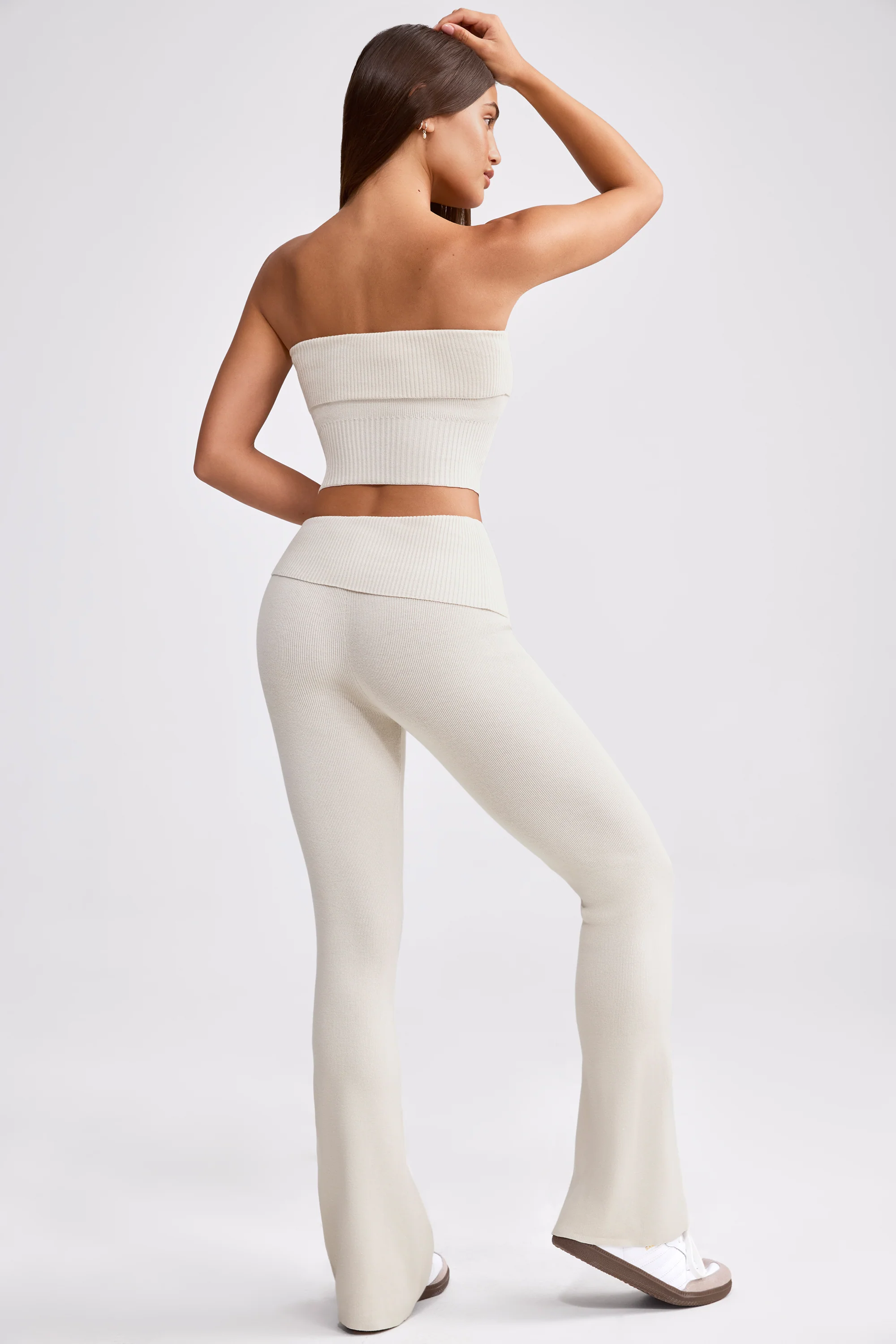 Chunky Knit Foldover Kick Flare Trousers in Cream - Image 2