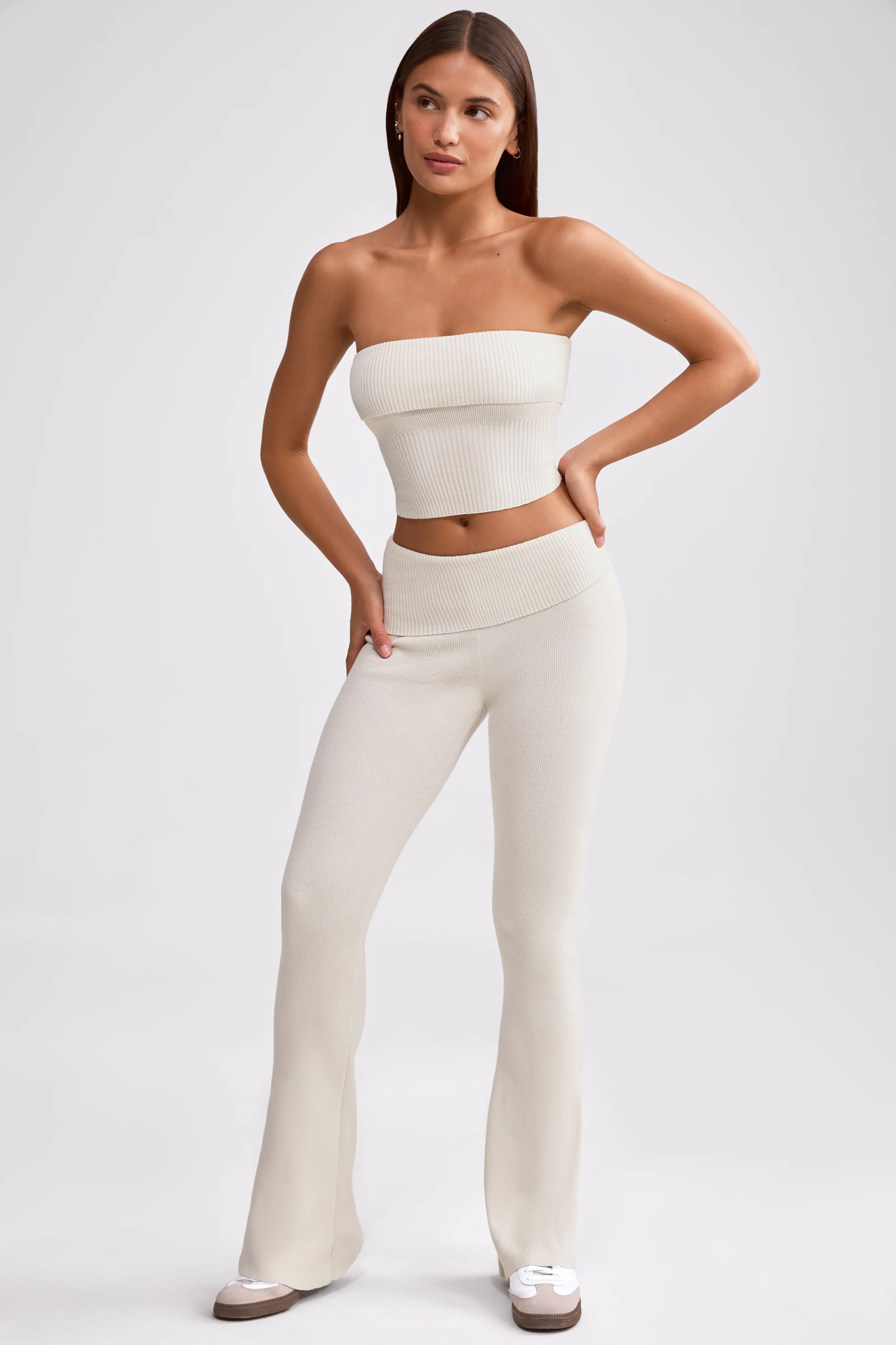 Chunky Knit Foldover Kick Flare Trousers in Cream - Image 5