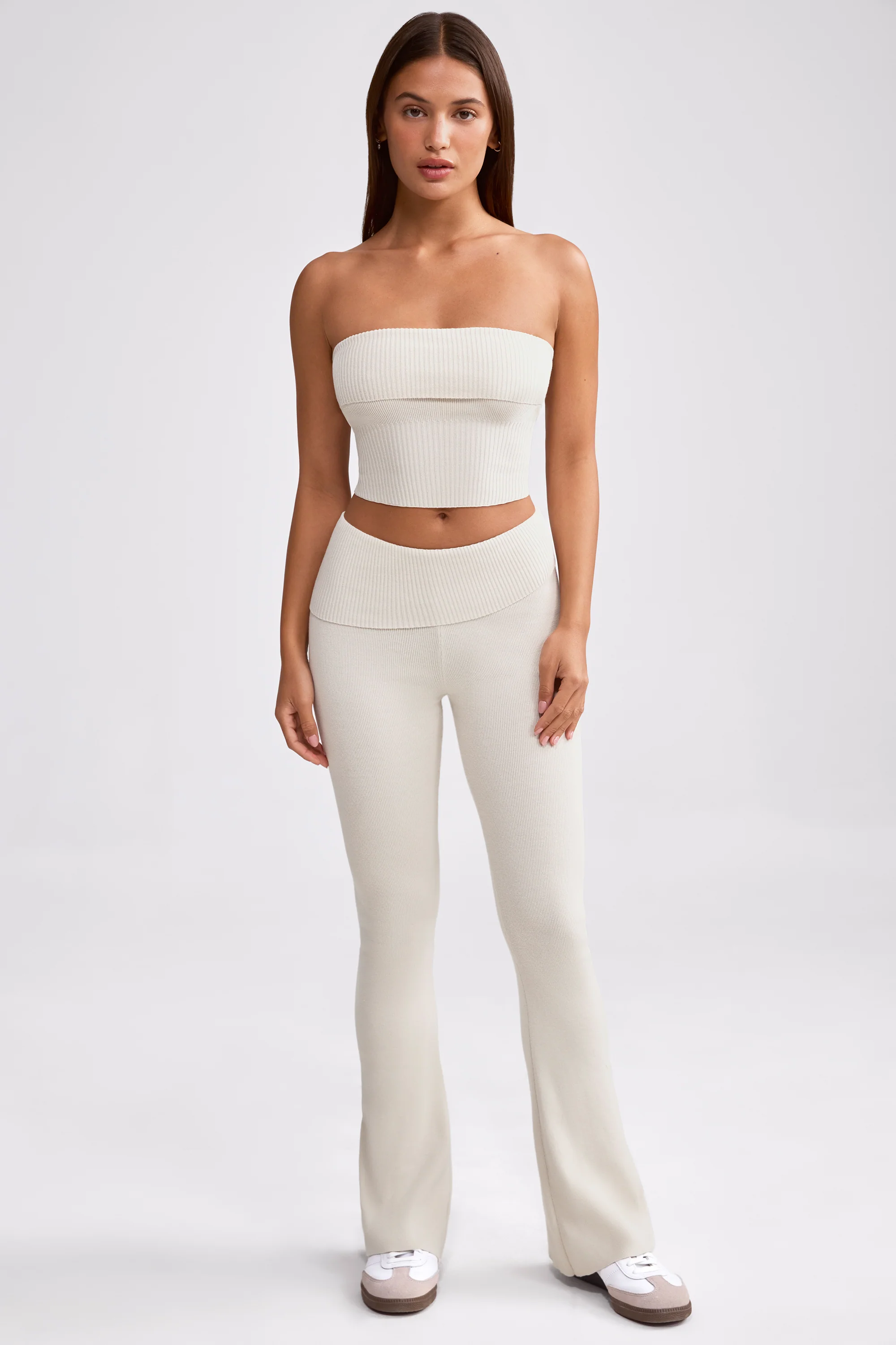 Chunky Knit Foldover Kick Flare Trousers in Cream - Image 8