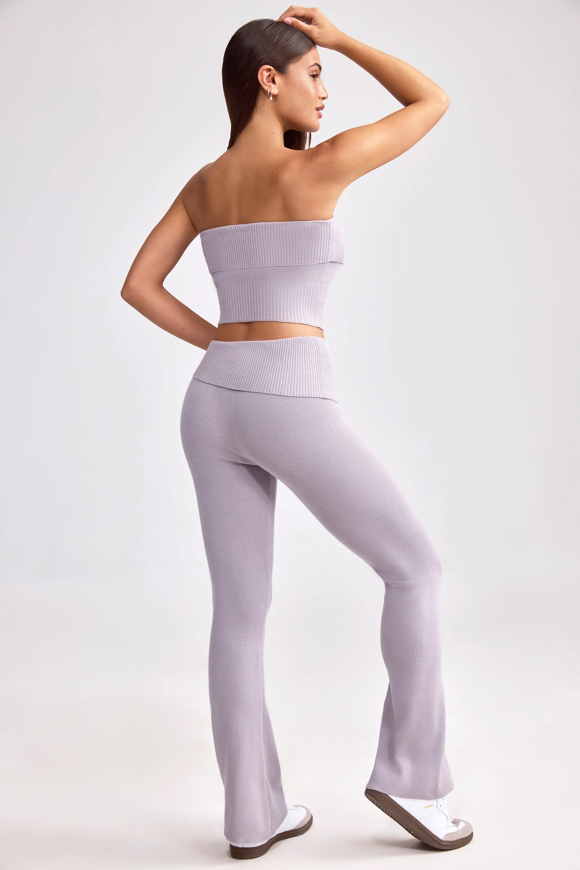 Chunky Knit Foldover Kick Flare Trousers in Dusty Lavender - Image 2