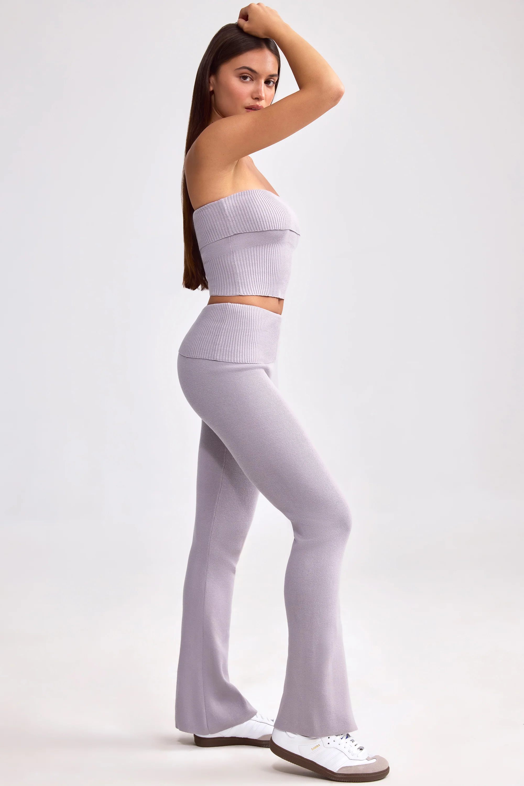 Chunky Knit Foldover Kick Flare Trousers in Dusty Lavender - Image 3