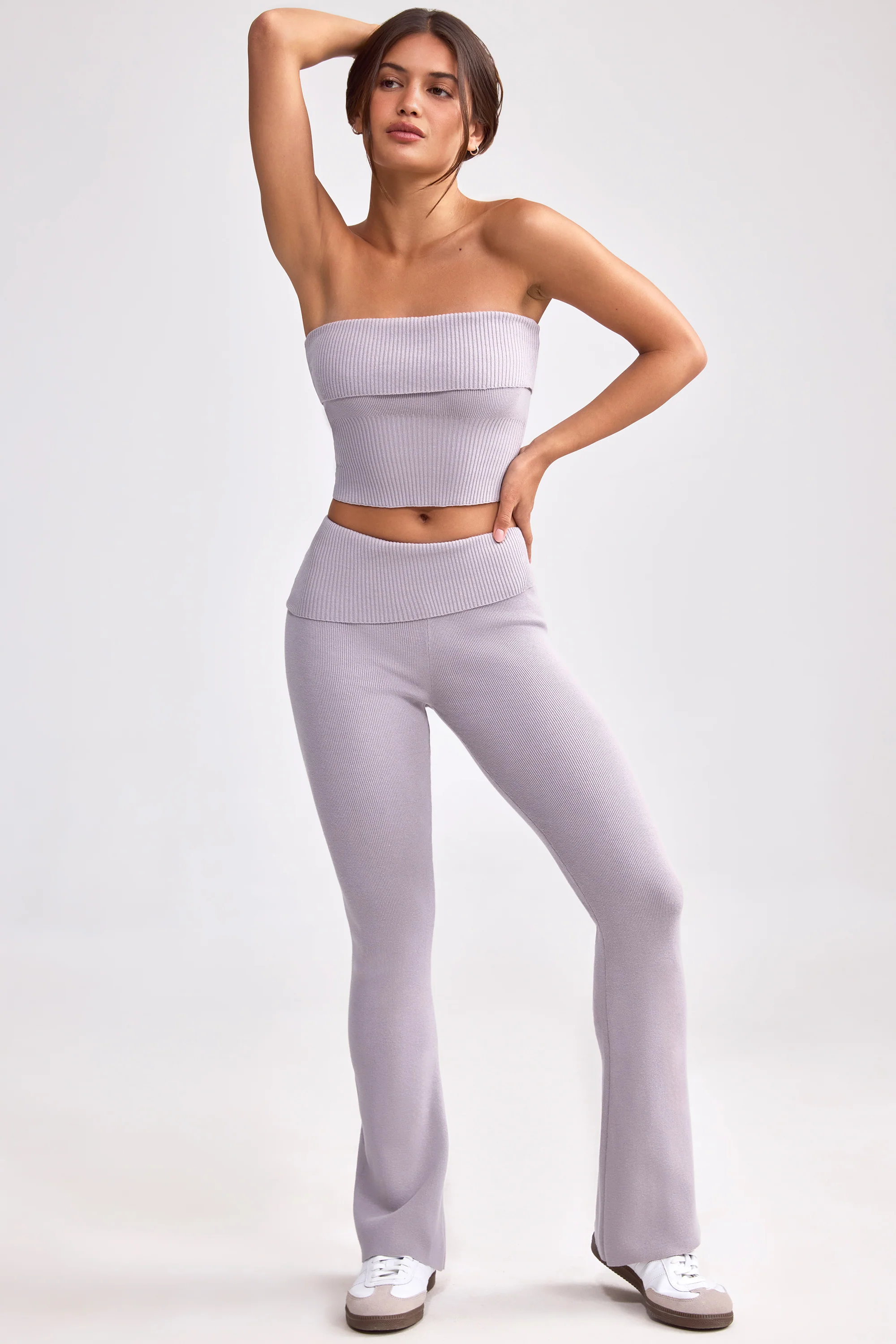Chunky Knit Foldover Kick Flare Trousers in Dusty Lavender - Image 9
