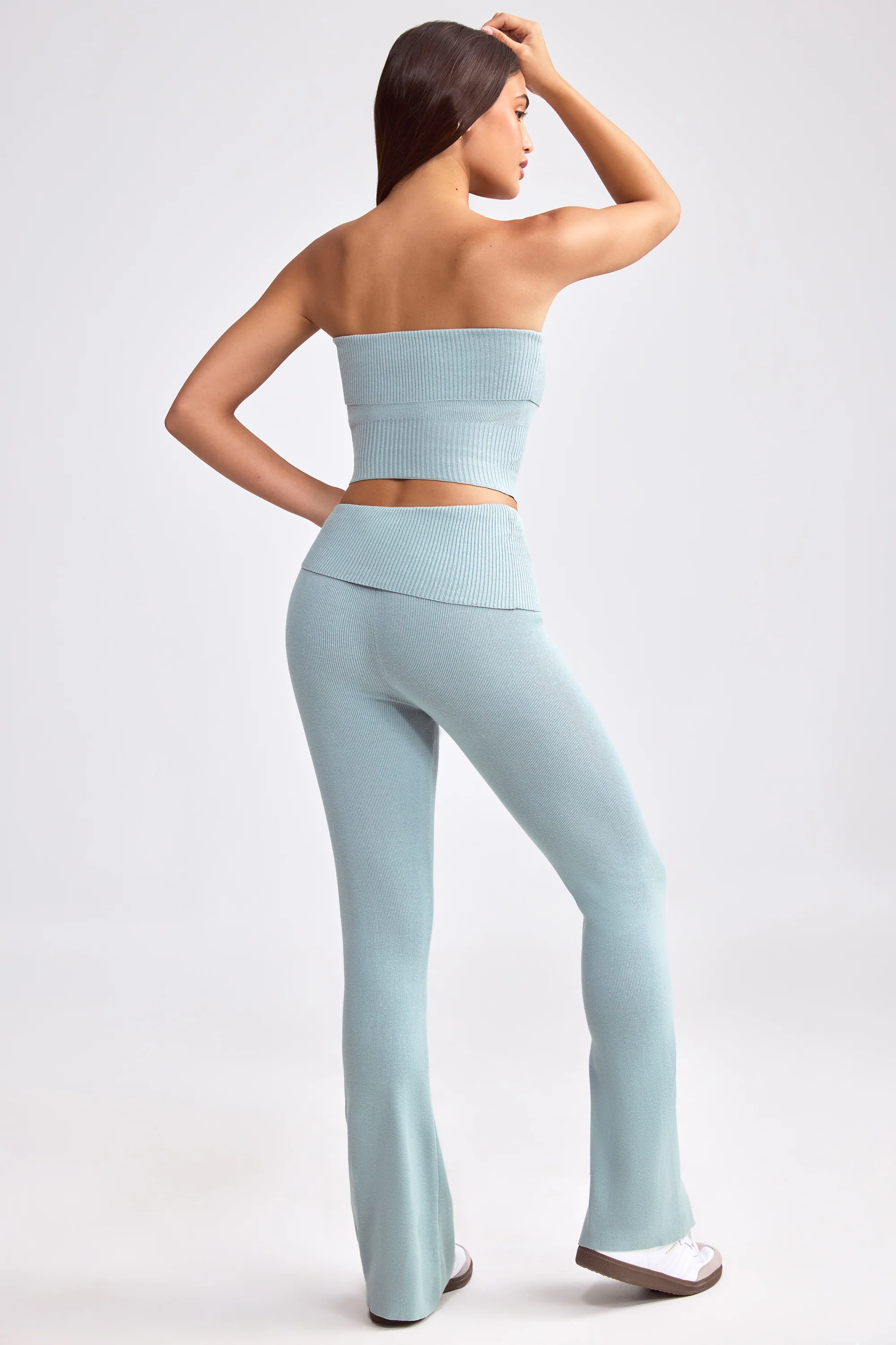 Chunky Knit Foldover Kick Flare Trousers in Dusty Teal - Image 2