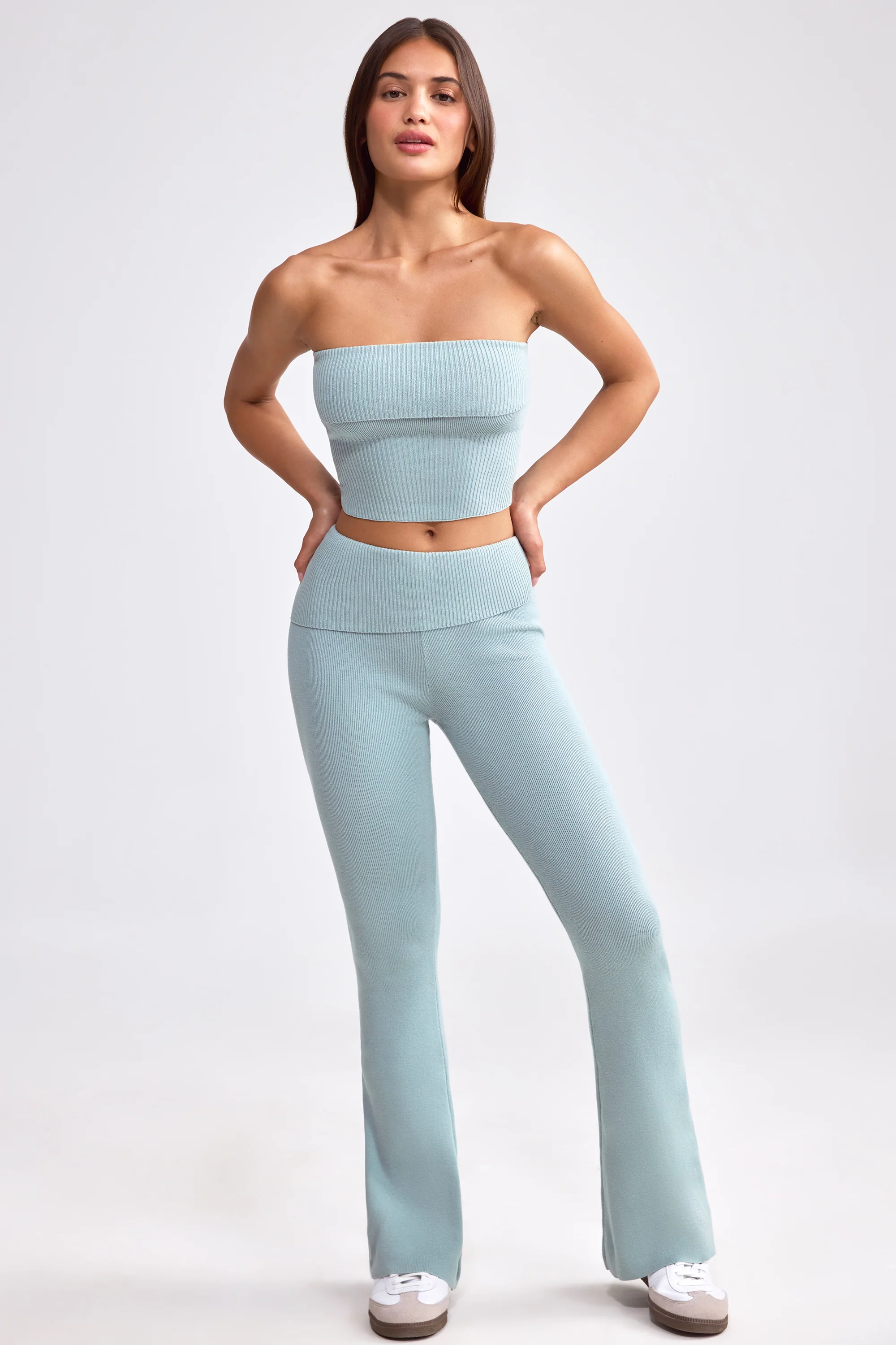 Chunky Knit Foldover Kick Flare Trousers in Dusty Teal - Image 8