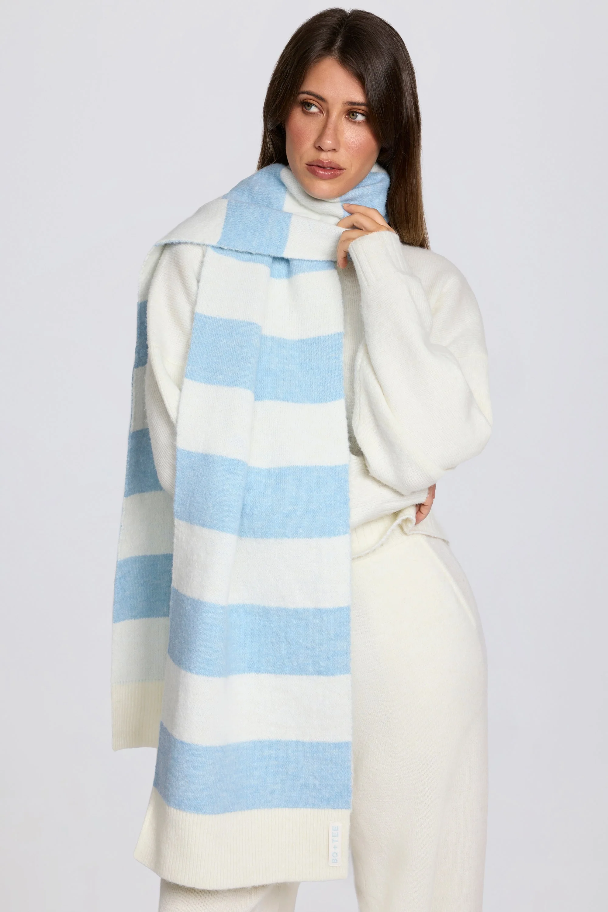 Knit Striped Scarf in Powder Blue - Image 5