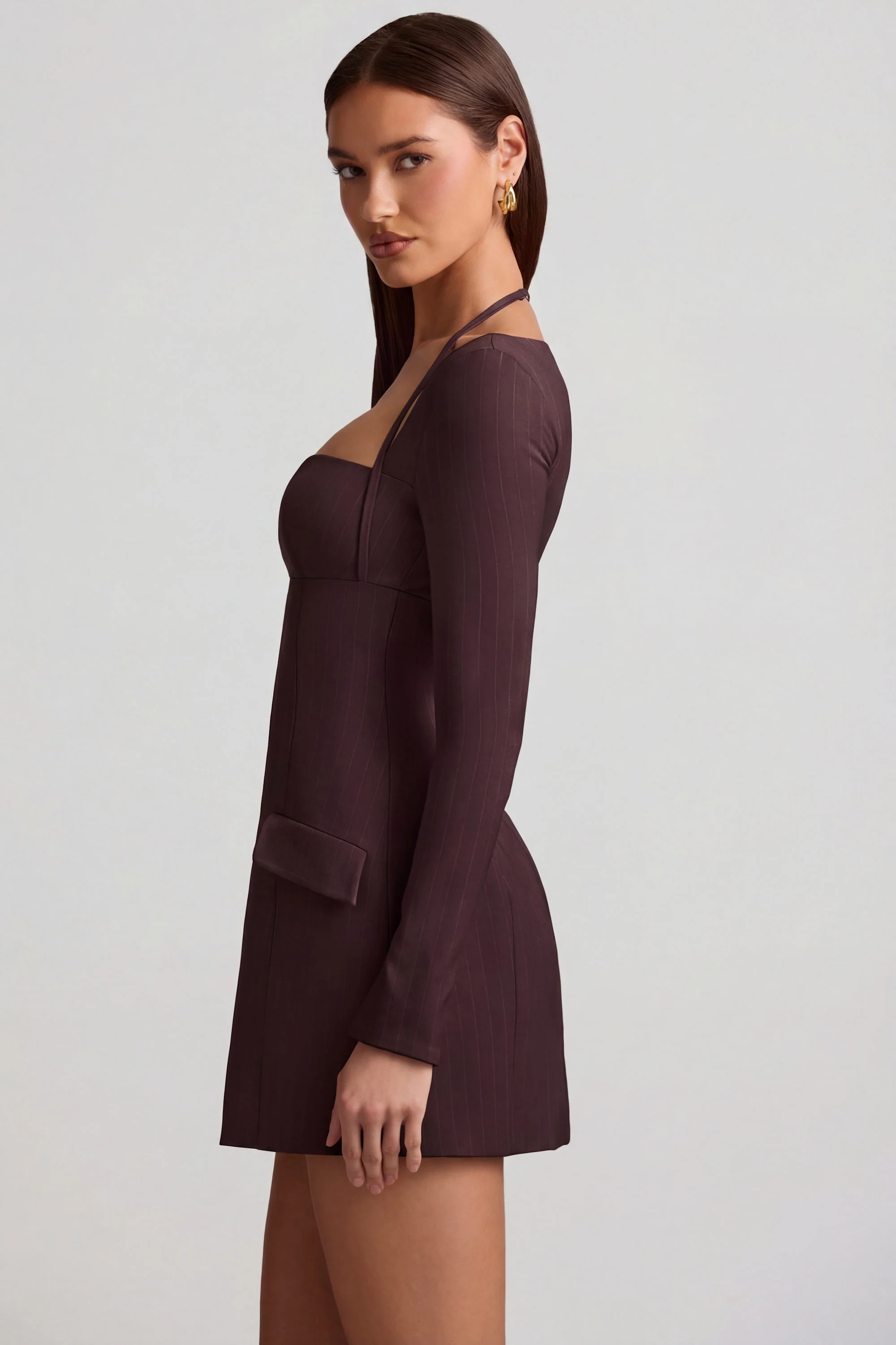 Pinstripe Structured A-Line Mini Dress in Chocolate Brown - Image 4